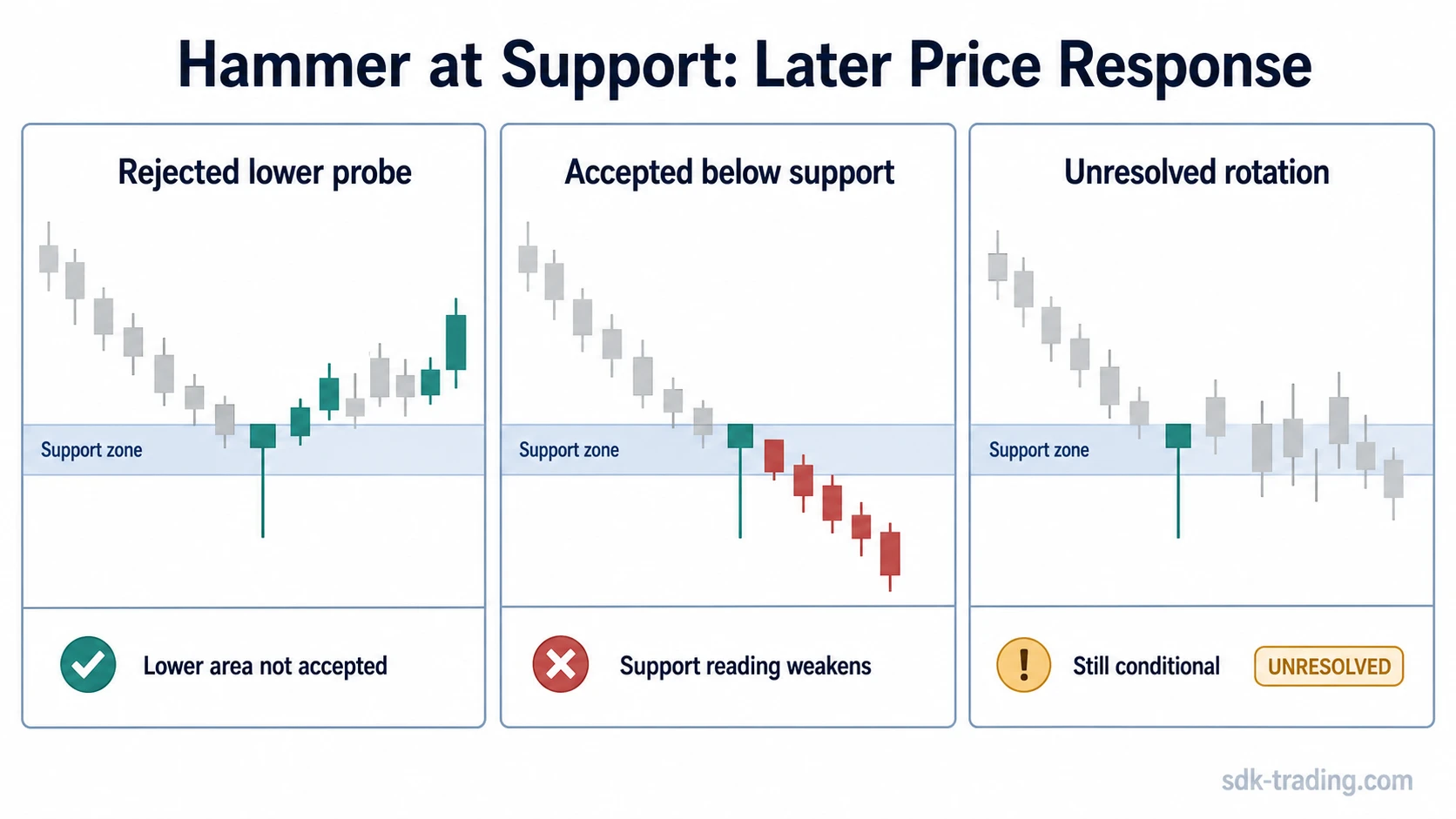 Hammer at support with later candles showing rejection, acceptance below support, and unresolved rotation