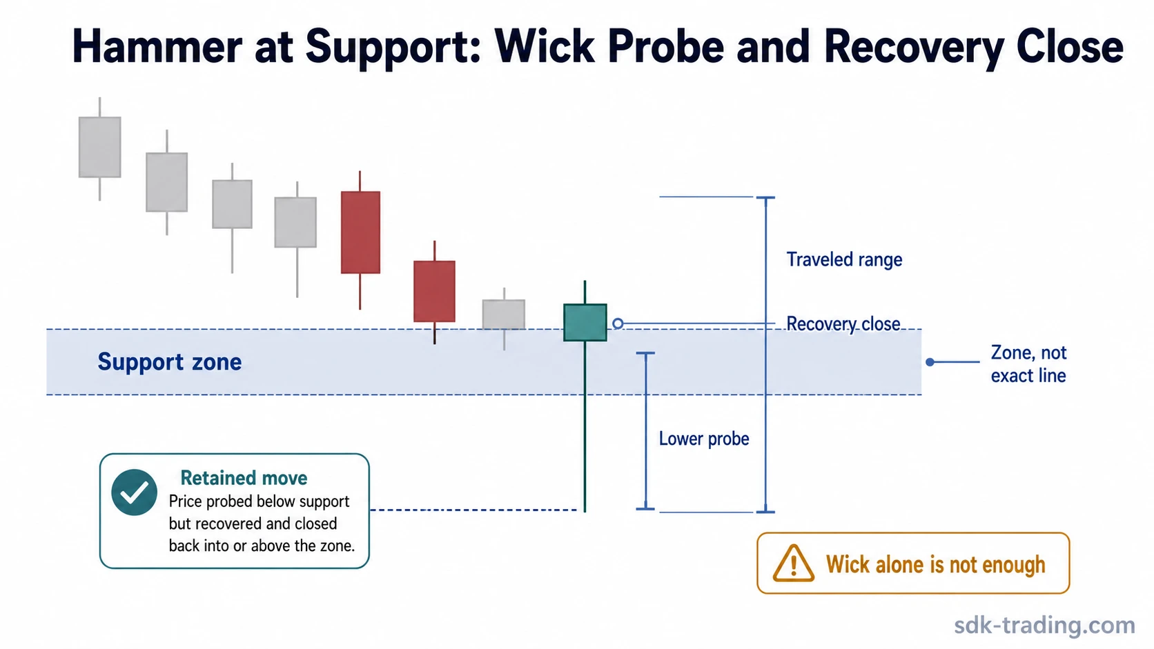 Hammer at support showing a lower wick probing below a support zone and closing back above the area