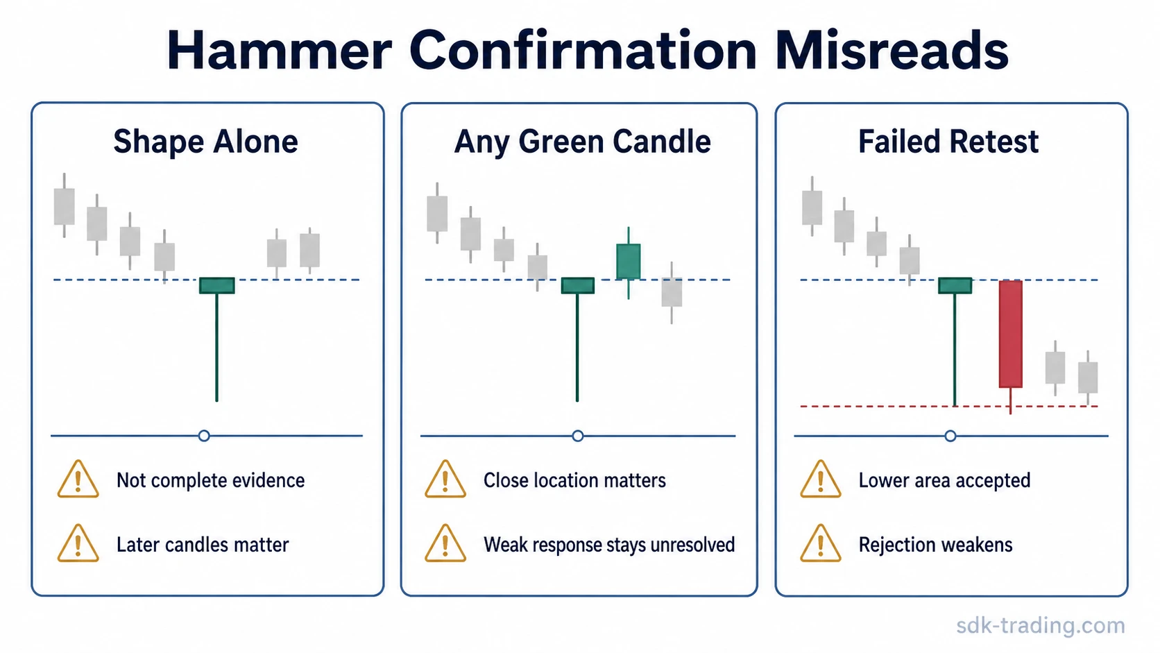 Hammer candlestick confirmation misreads showing shape alone, weak follow-through, and failed retest