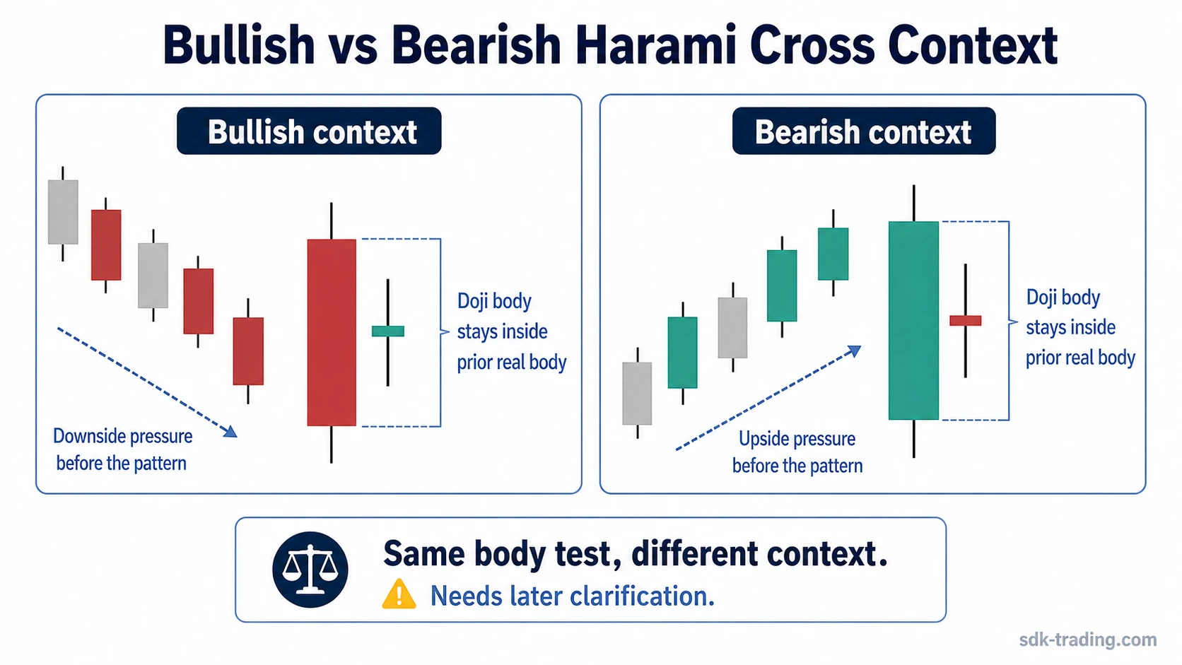 Bullish and bearish harami cross examples showing contained doji bodies after directional candles