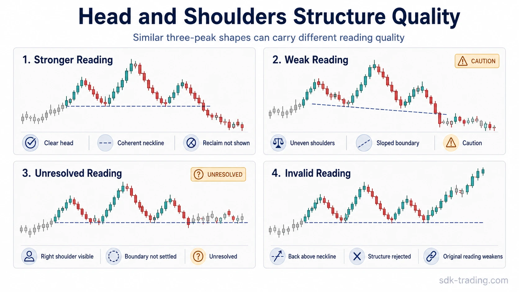 Four-card comparison of stronger, weak, unresolved, and invalid head and shoulders structures