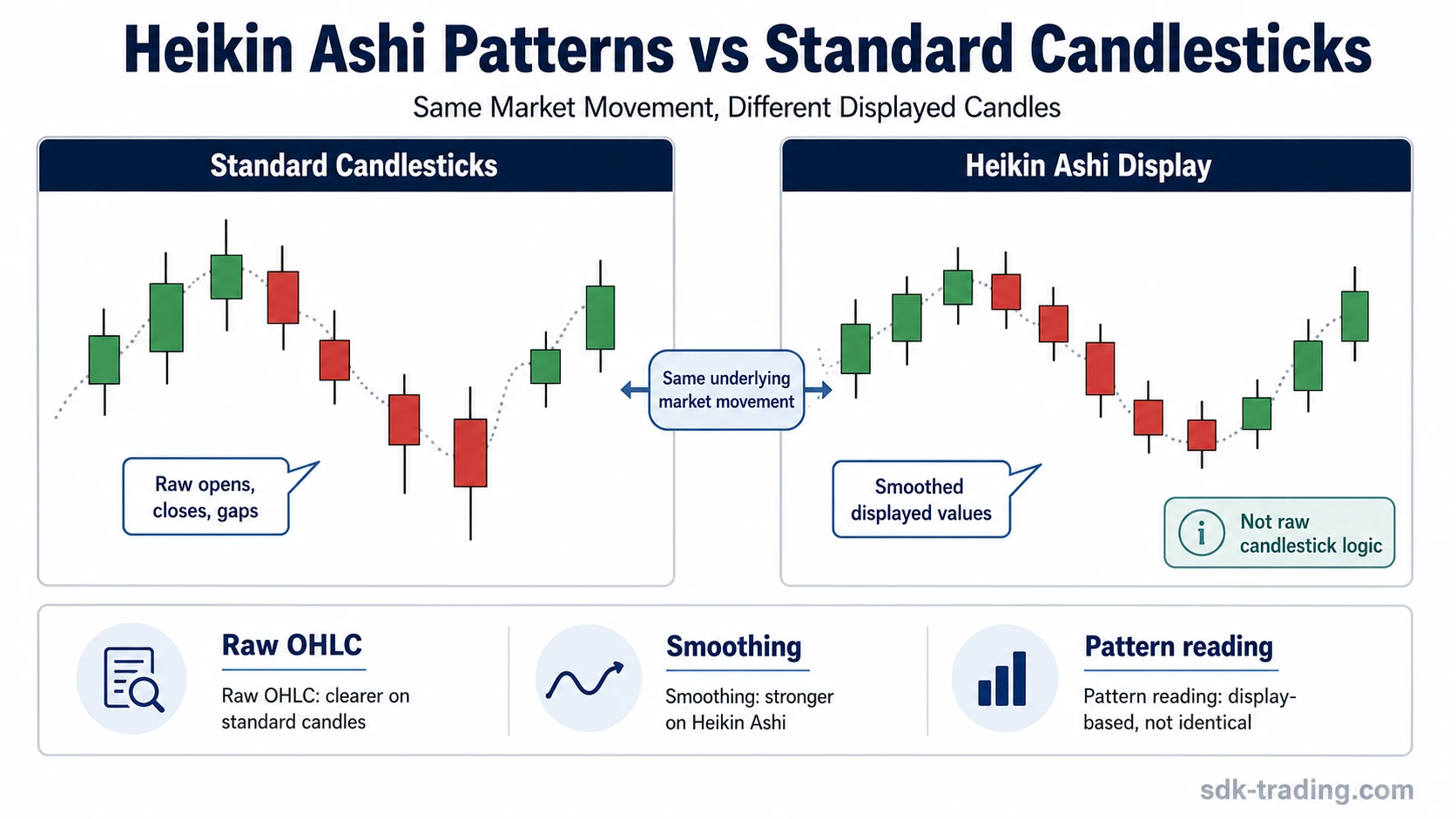 Heikin Ashi patterns compared with standard candlesticks showing the same market movement with smoother displayed candles and less visible raw gaps.