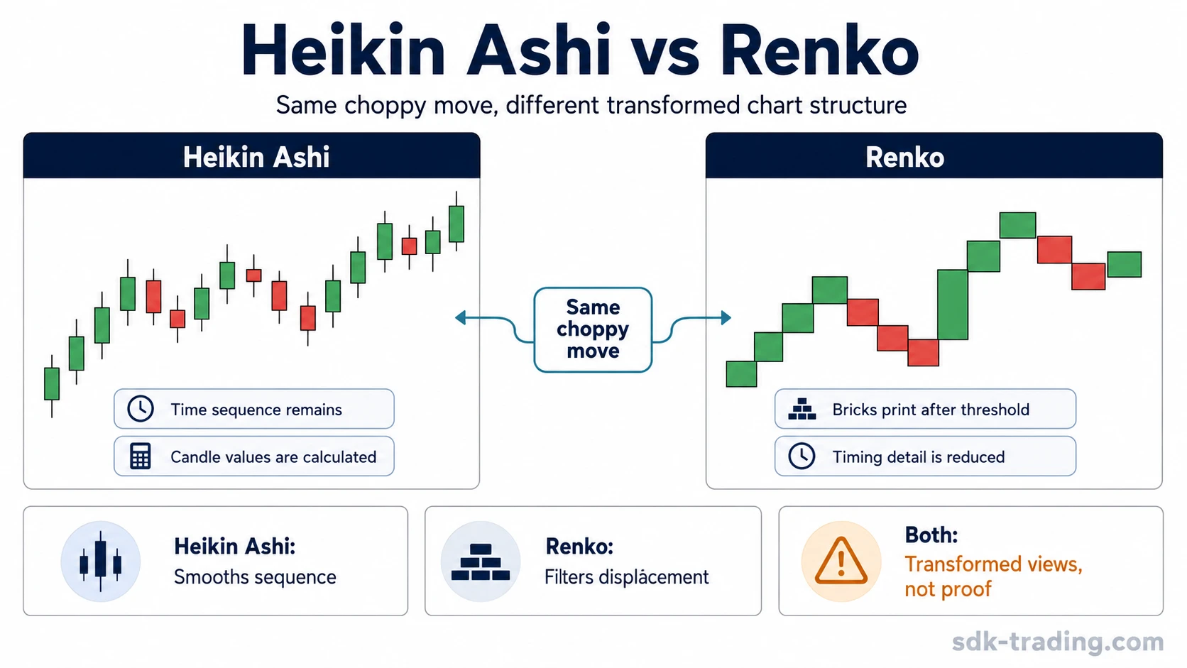Heikin Ashi vs Renko diagram showing time-sequence smoothing beside movement-threshold bricks for the same choppy price move.