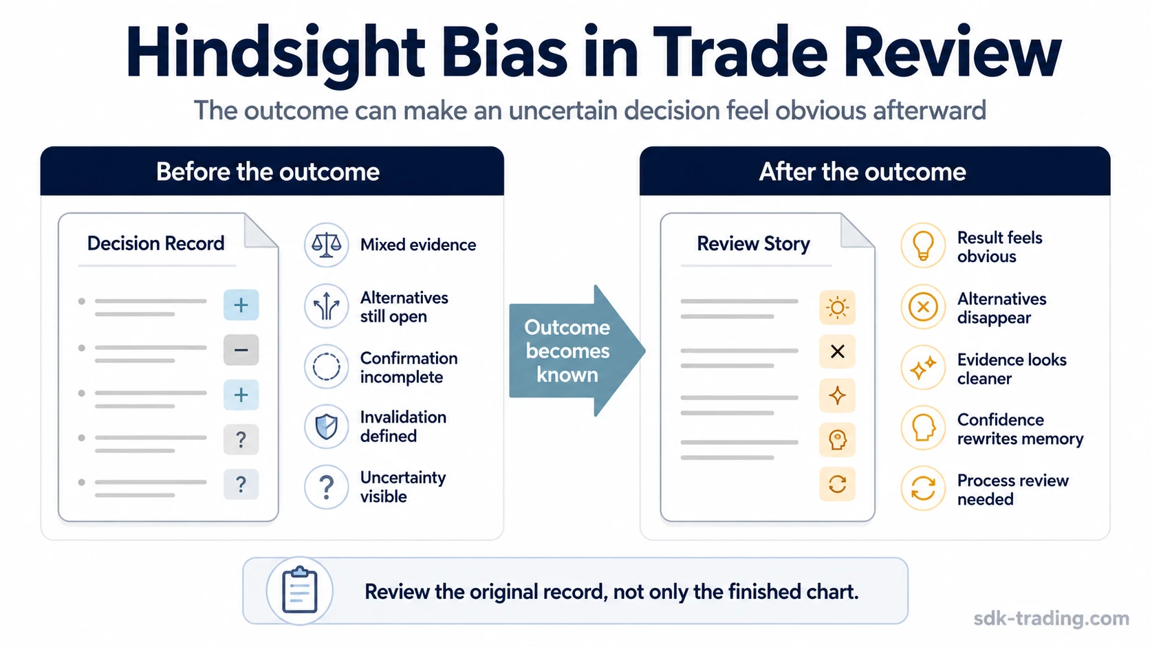Hindsight bias infographic comparing a mixed pre-trade decision record with a simplified post-outcome story.