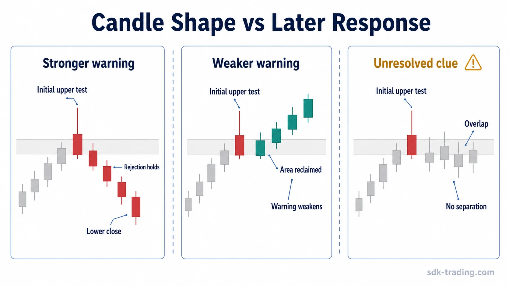 Three candlestick response panels showing stronger warning, weaker warning and unresolved overlap after the same initial upper wick