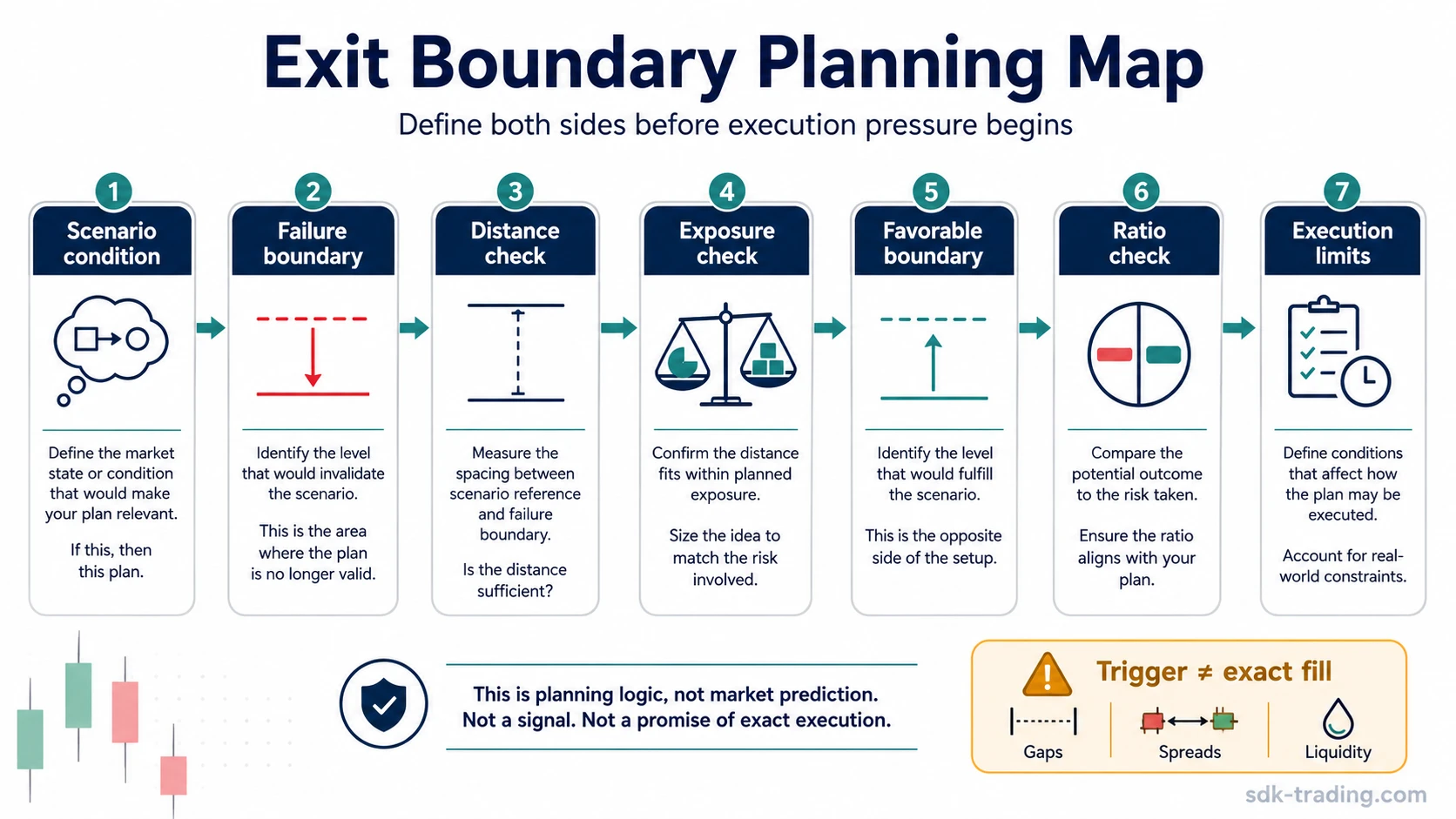 Exit boundary planning map showing scenario condition, failure boundary, exposure check, favorable boundary, reward/risk check, and execution limits.