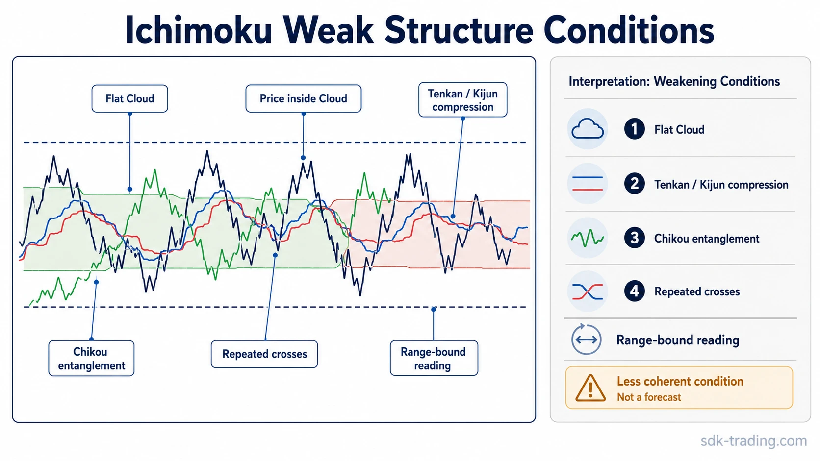 Ichimoku weak structure conditions showing flat Cloud, price inside Cloud, Tenkan Kijun compression, and Chikou entanglement