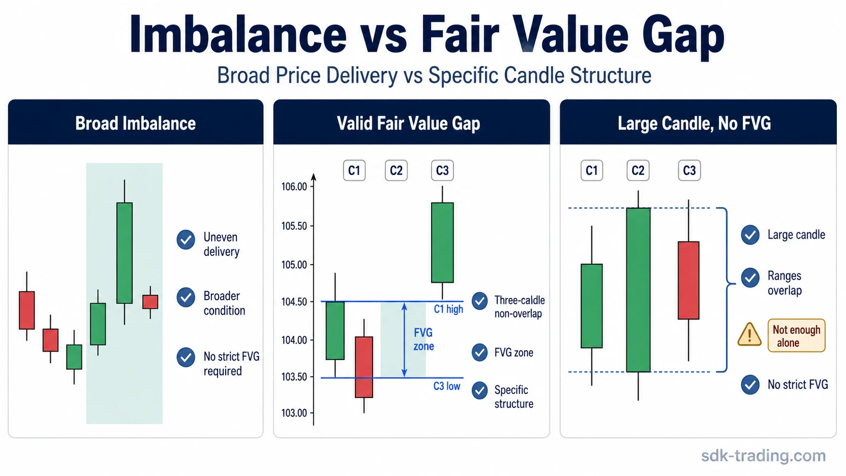 Imbalance vs fair value gap comparison showing broad imbalance, valid three-candle FVG non-overlap, and a large candle without FVG