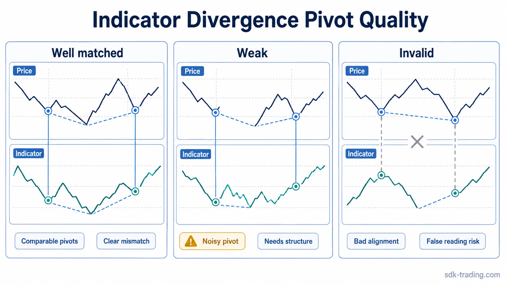 Line-chart panels compare price pivots with indicator pivots for well-matched, weak, and invalid divergence readings.