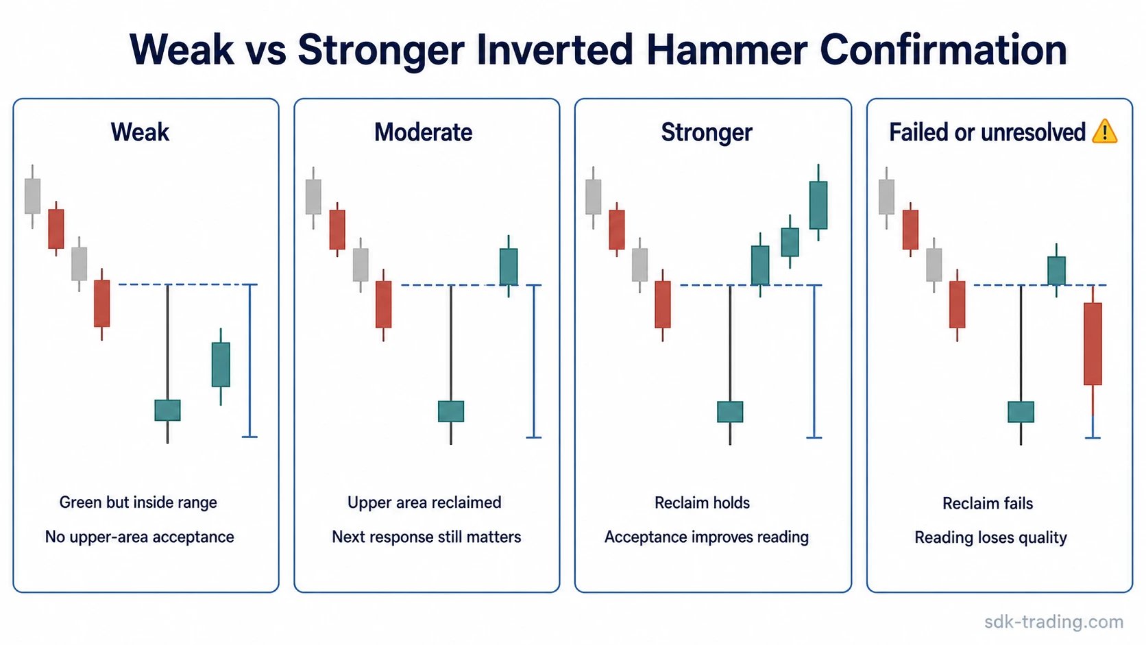 Weak and stronger inverted hammer confirmation readings compared by upper-area acceptance and failed reclaim