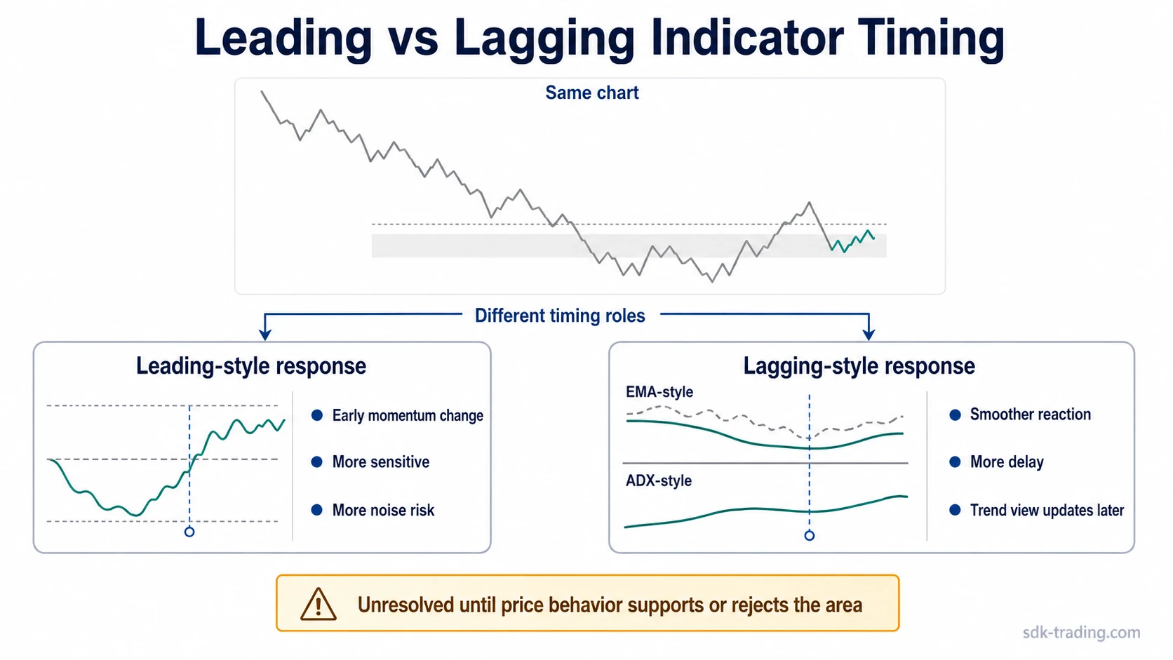 Side-by-side infographic comparing an early oscillator response with delayed EMA and ADX-style indicator behavior on the same trading chart scenario.