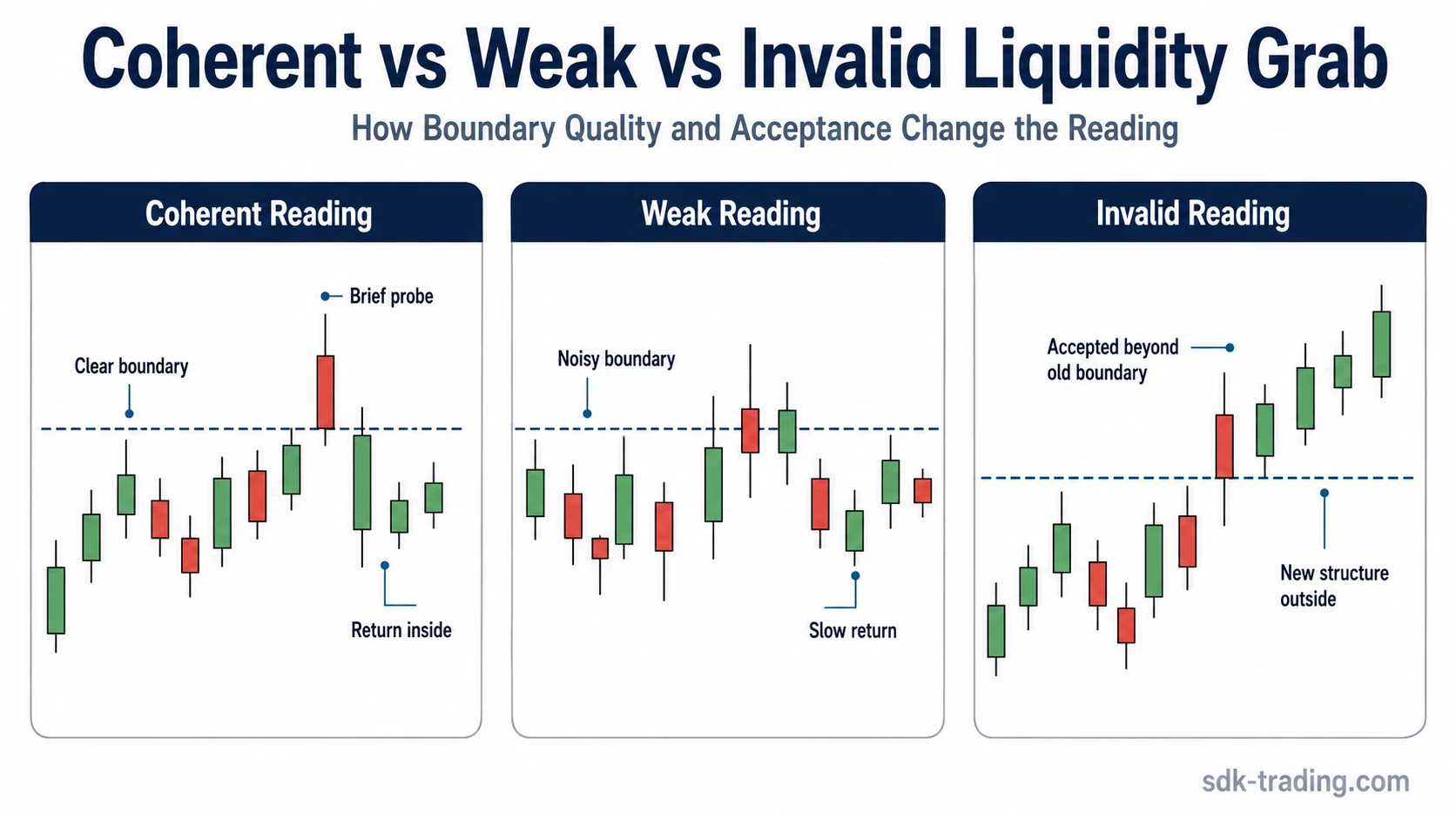 Comparison of coherent, weak, and invalid liquidity grab readings based on boundary quality, return behavior, and acceptance.