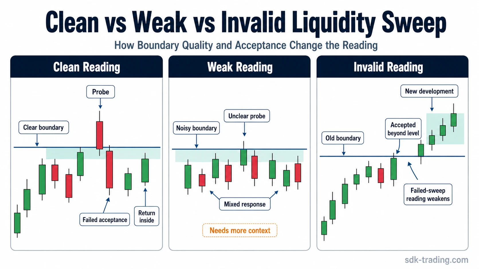 Three-panel comparison showing clean, weak, and invalid liquidity sweep readings based on boundary quality and later acceptance.
