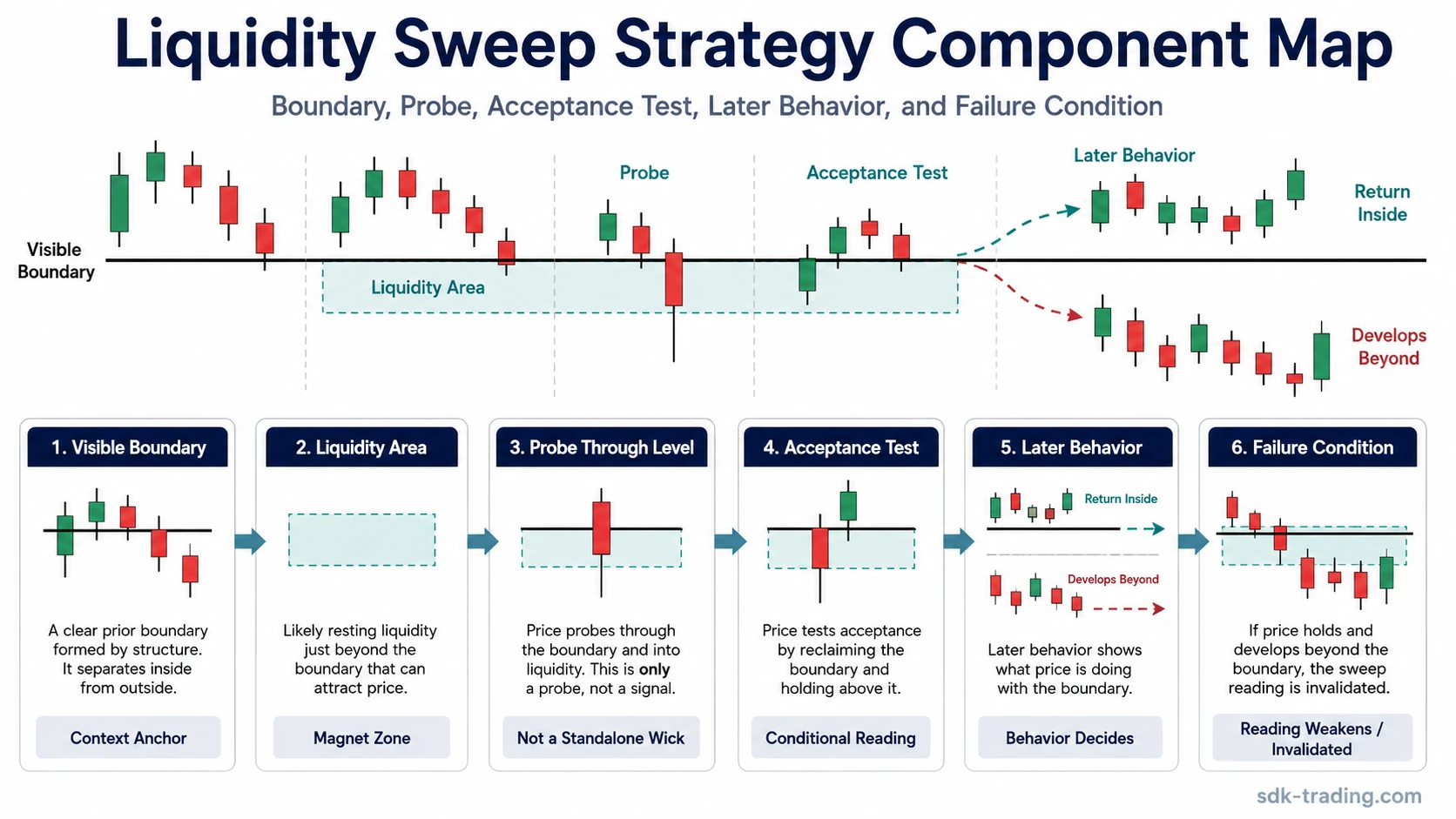 Liquidity sweep strategy component map showing visible boundary, liquidity area, probe, acceptance test, later behavior, and failure condition.