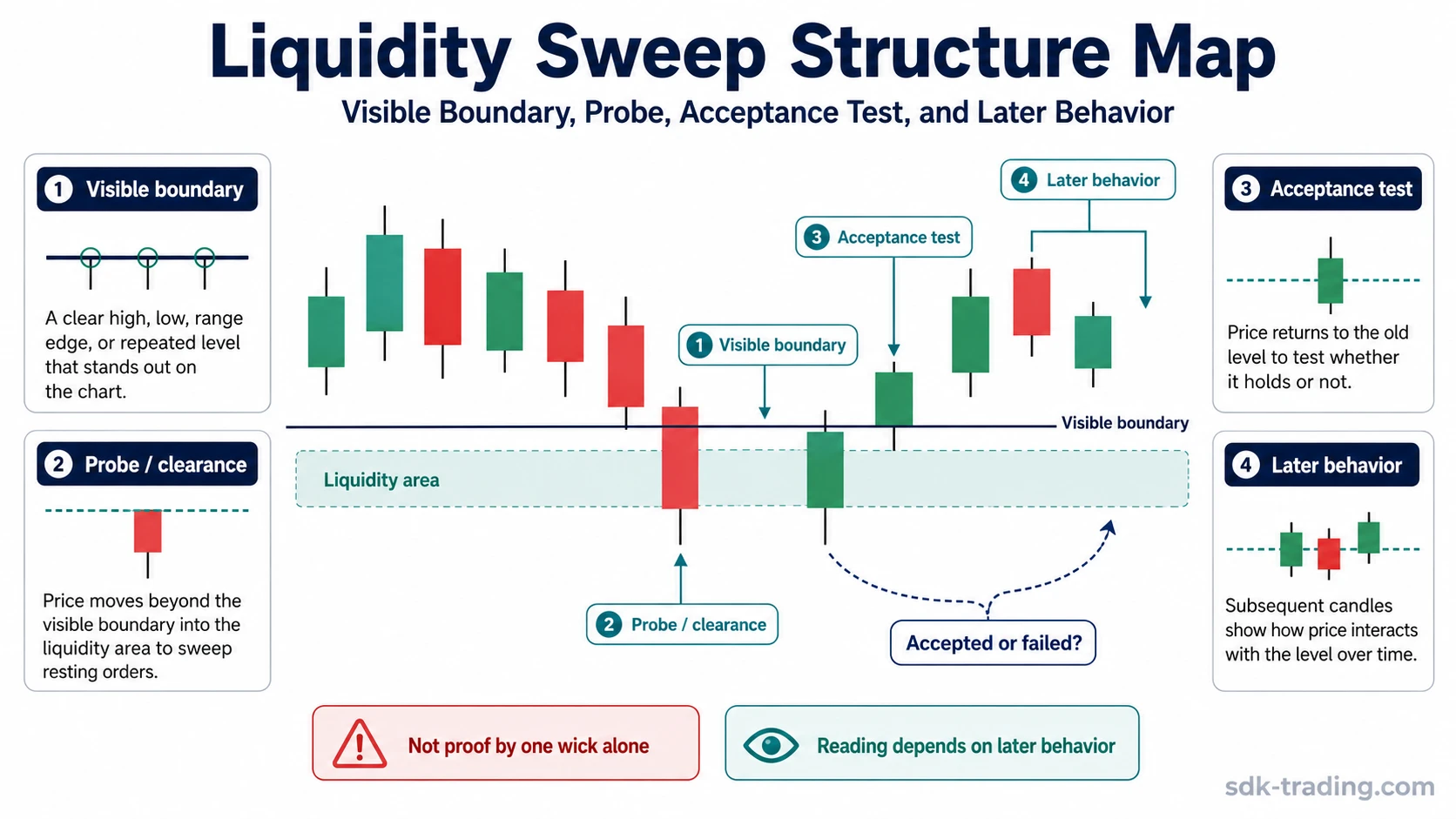 Liquidity sweep structure map showing a visible boundary, a probe through liquidity, and later acceptance or failed acceptance.