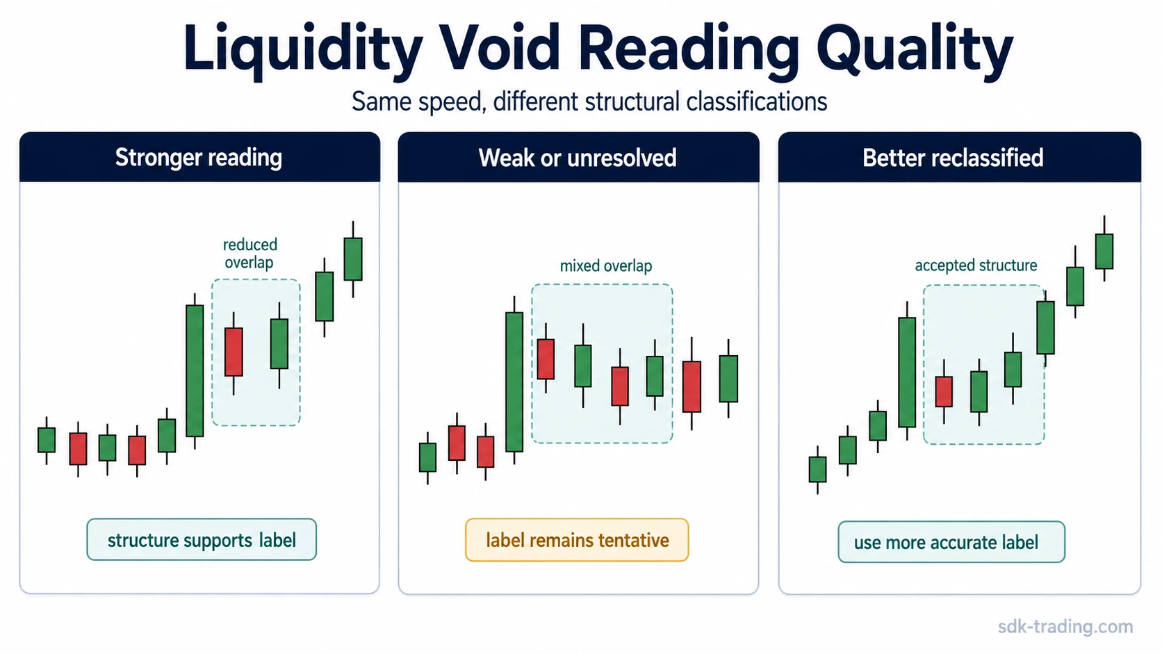 Three-panel liquidity void reading quality map comparing a stronger reading, a weak or unresolved reading, and a better reclassified fast move