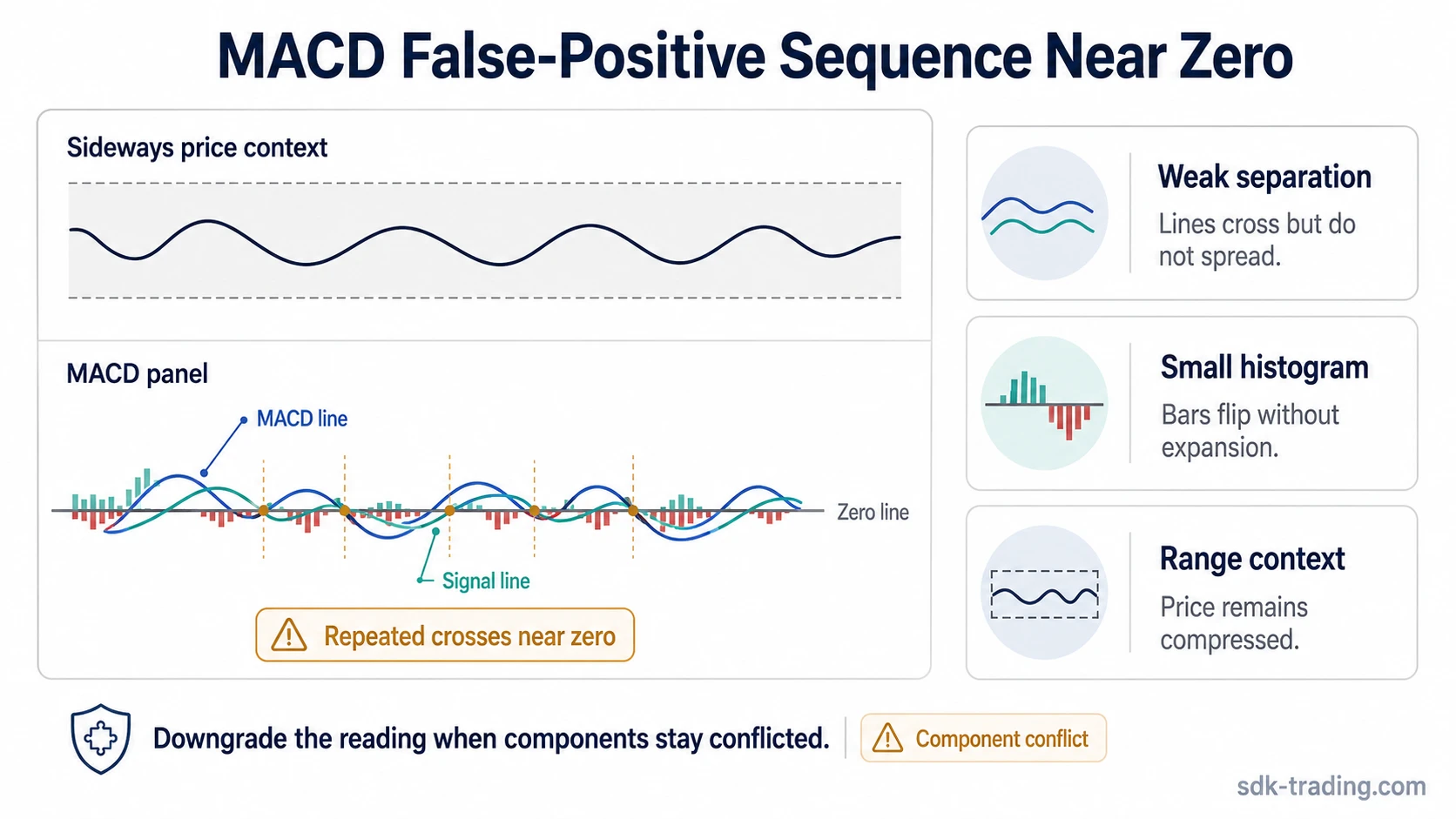 MACD false-positive sequence showing repeated crossovers near the zero line, small histogram bars, and sideways price context