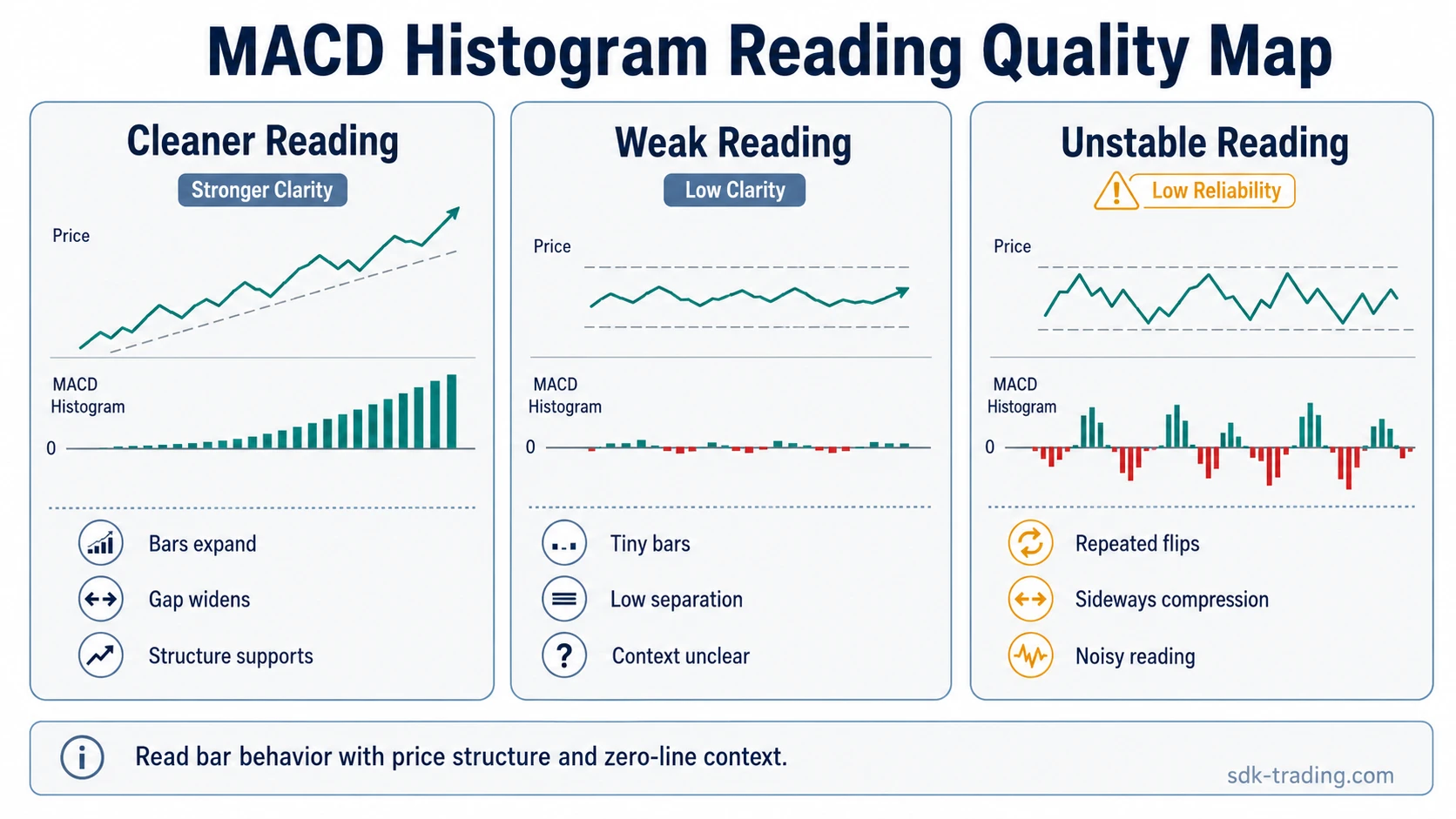 MACD histogram reading quality map comparing expanding bars, tiny bars near zero, and repeated zero-line flips
