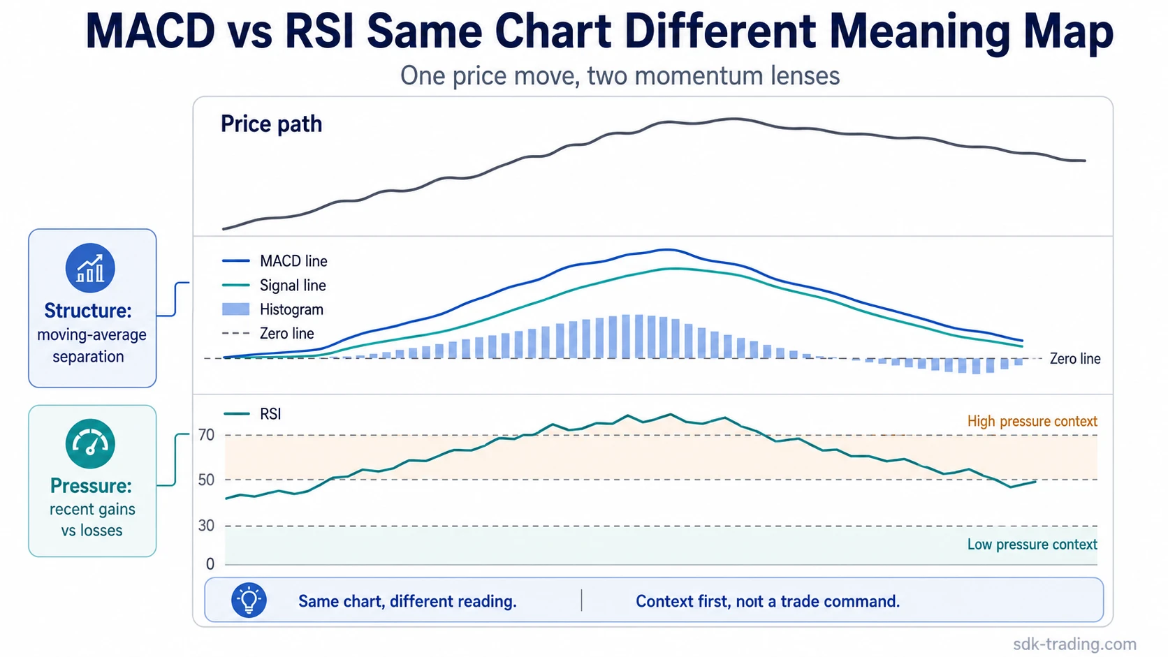 MACD vs RSI comparison showing the same price path with MACD structure below and RSI pressure below it