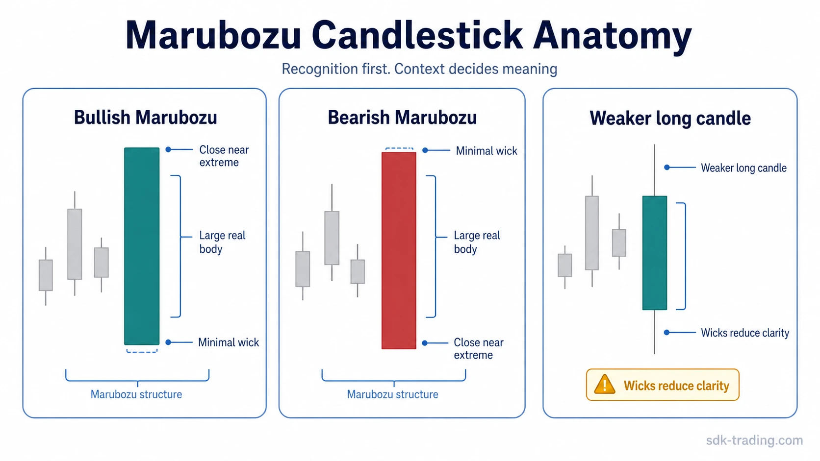 Marubozu candlestick anatomy showing body dominance, minimal wicks, and close near the candle extreme