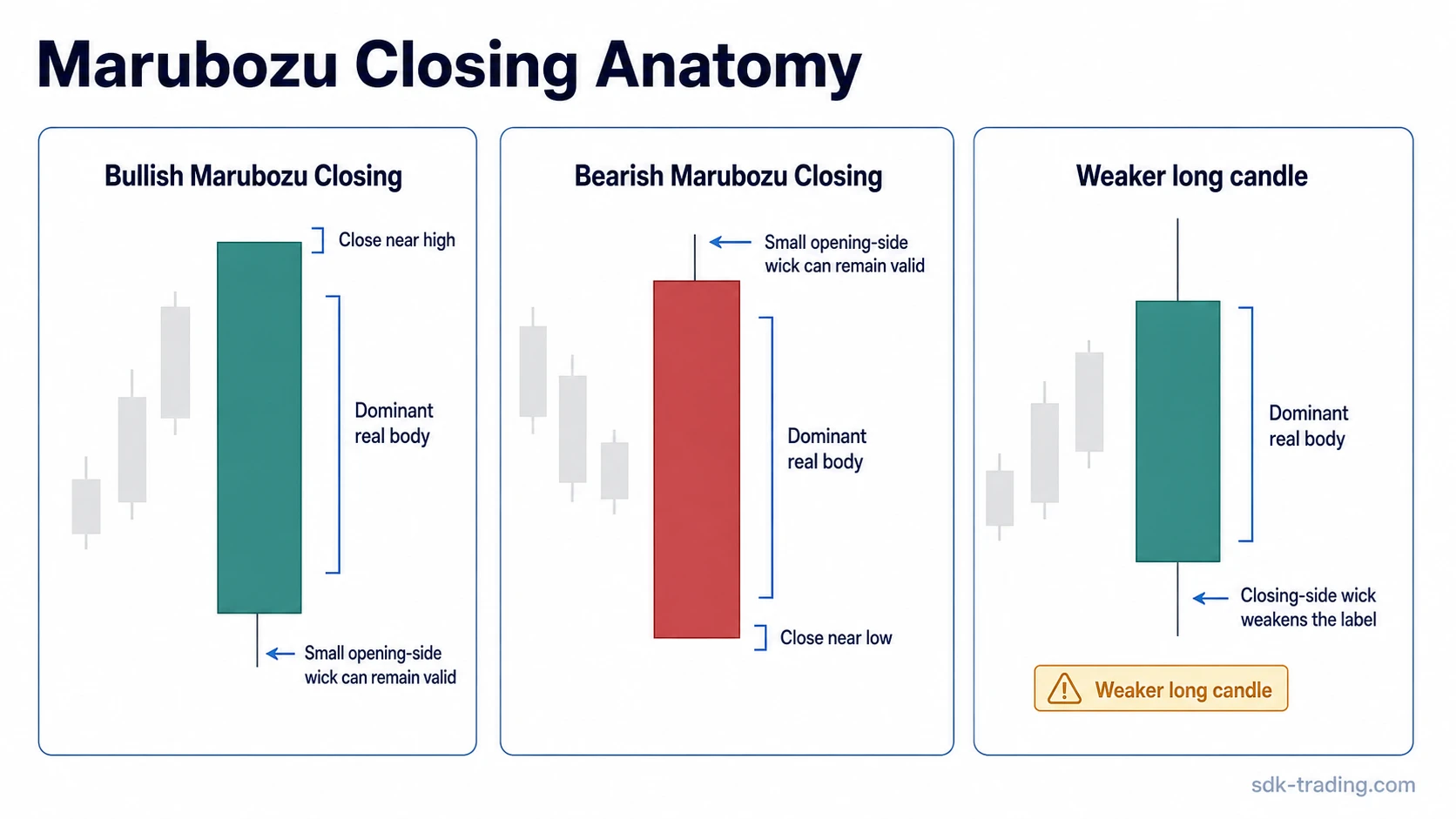Marubozu Closing candlestick anatomy with bullish and bearish closes near the candle extreme and a weaker long candle with a closing-side wick