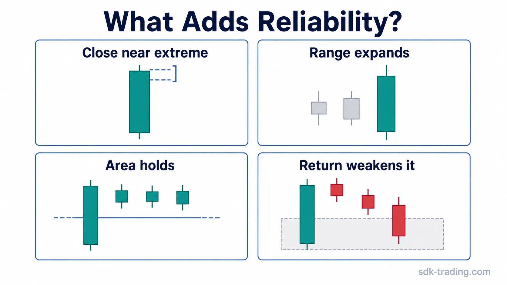 Marubozu closing reliability conditions showing close location, range expansion, area holding, and return into range