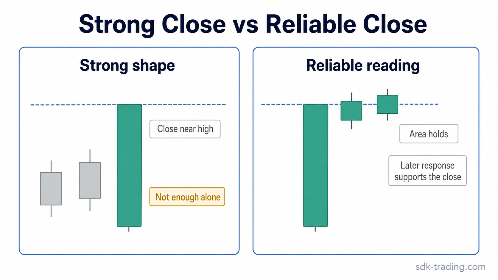 Marubozu closing reliability comparison showing a strong close and a later supported reliable close