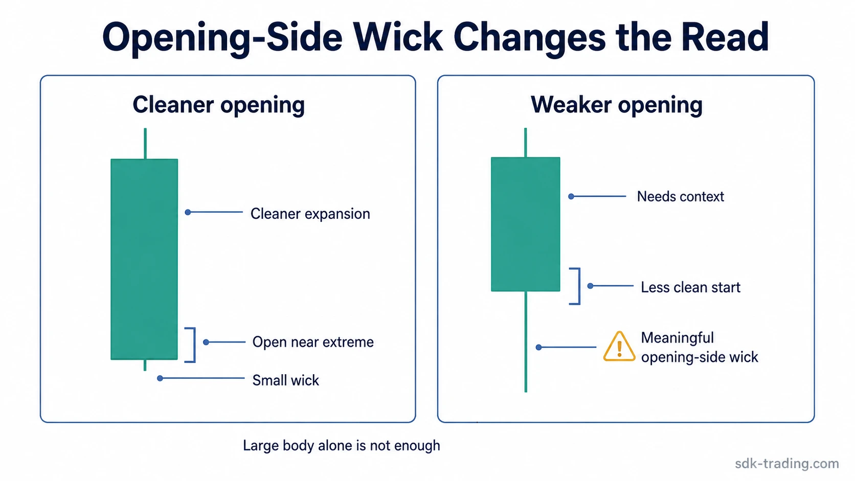 Cleaner Marubozu Opening candle compared with a weaker candle that has a larger opening-side wick.