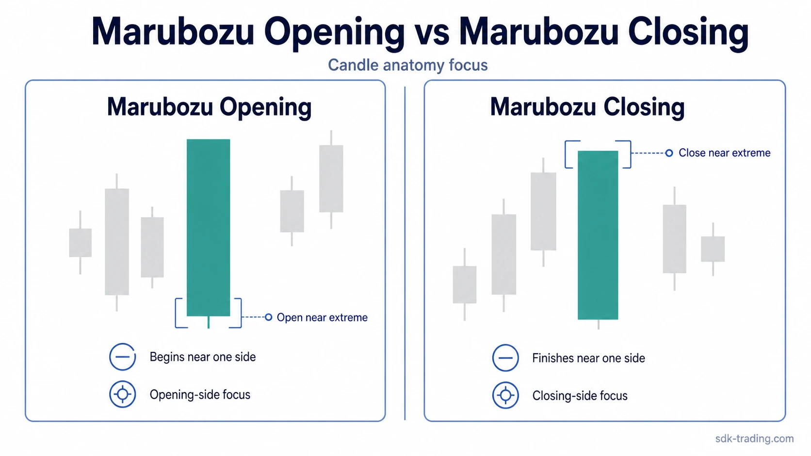 Marubozu Opening and Marubozu Closing compared by open location and close location on the candle