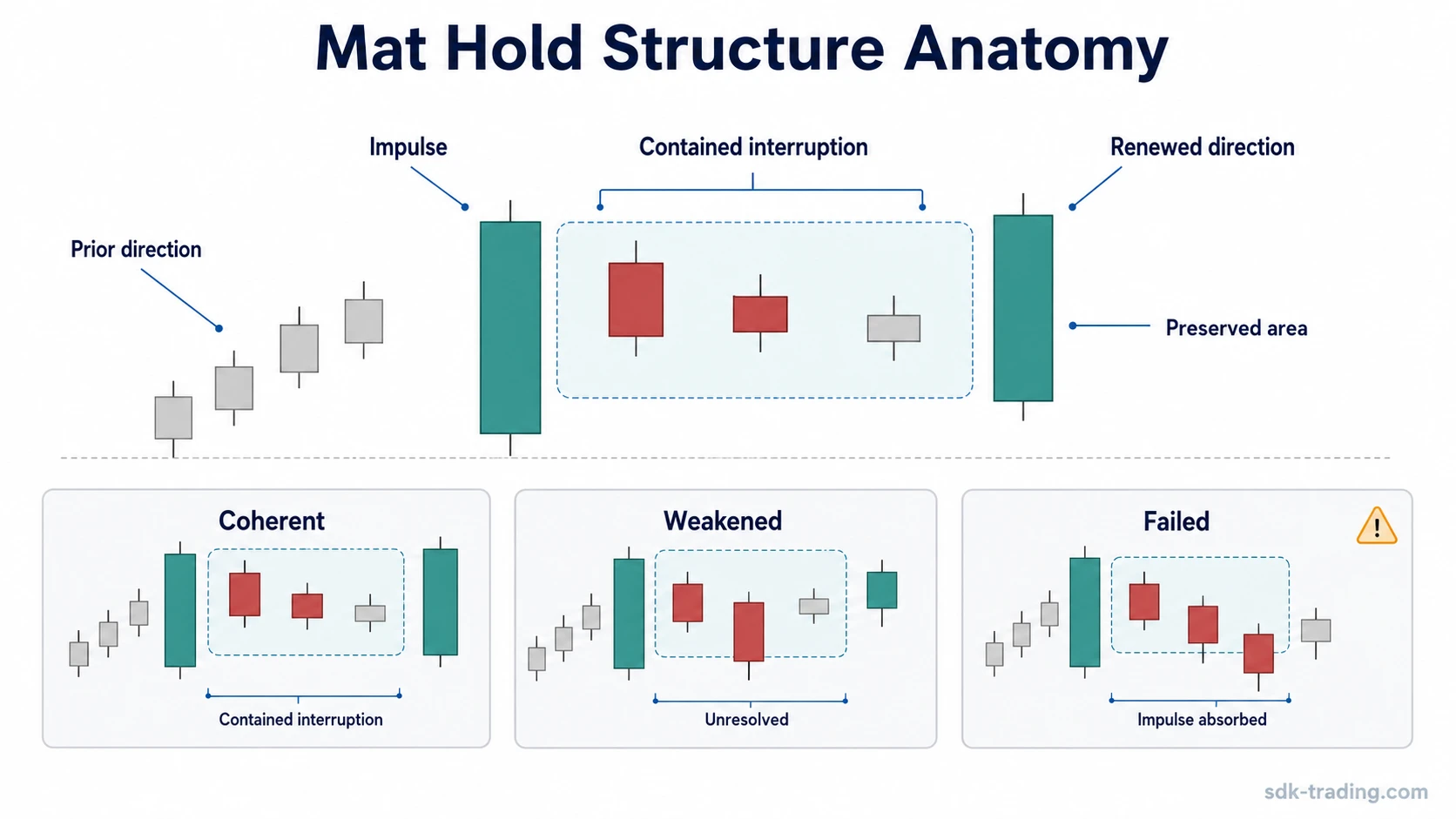 Mat hold candlestick pattern anatomy showing an impulse candle, contained interruption candles, and a final continuation candle
