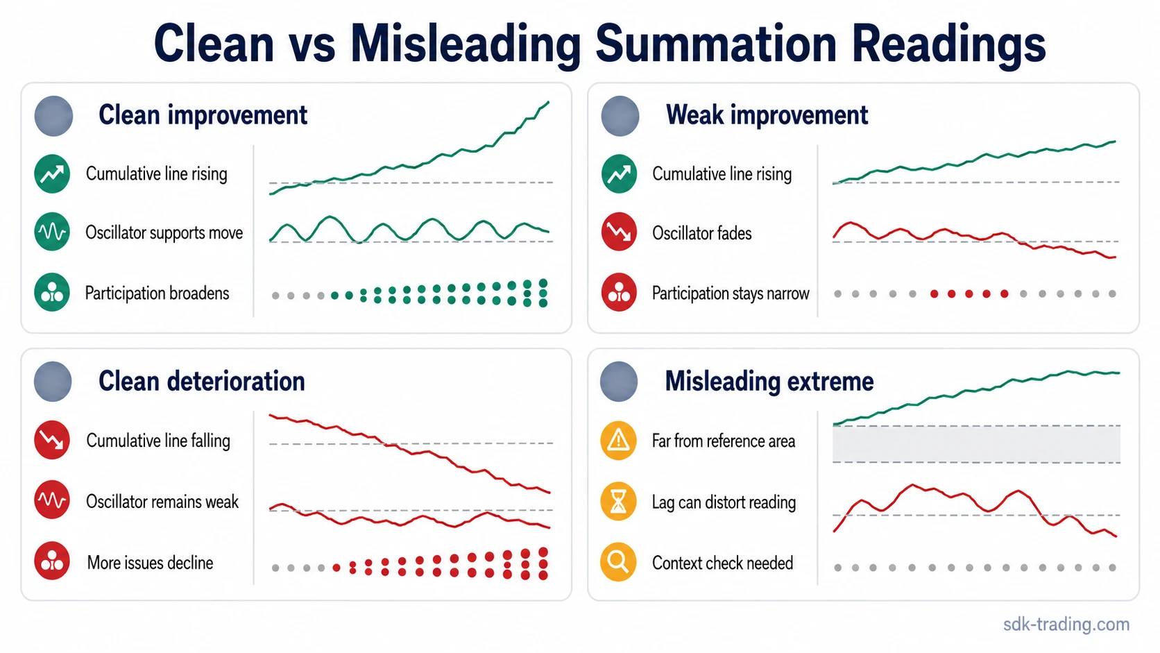 Four McClellan Summation Index reading types comparing clean and misleading breadth conditions