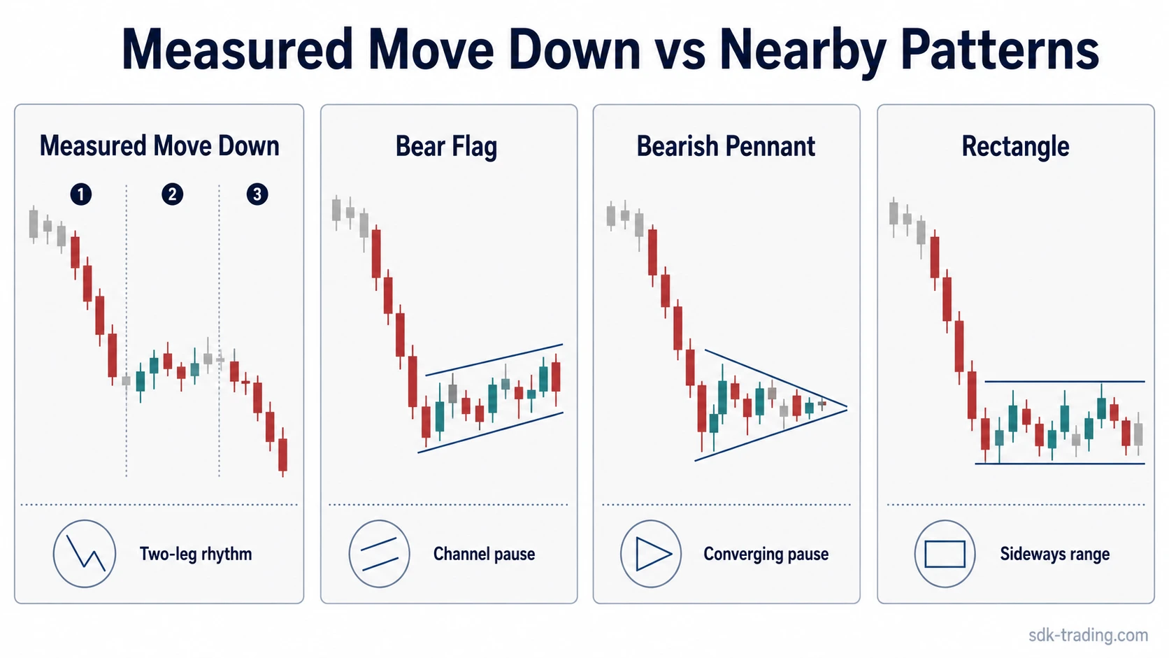 Four simplified bearish continuation diagrams comparing measured move down, bear flag, bearish pennant, and rectangle structures.