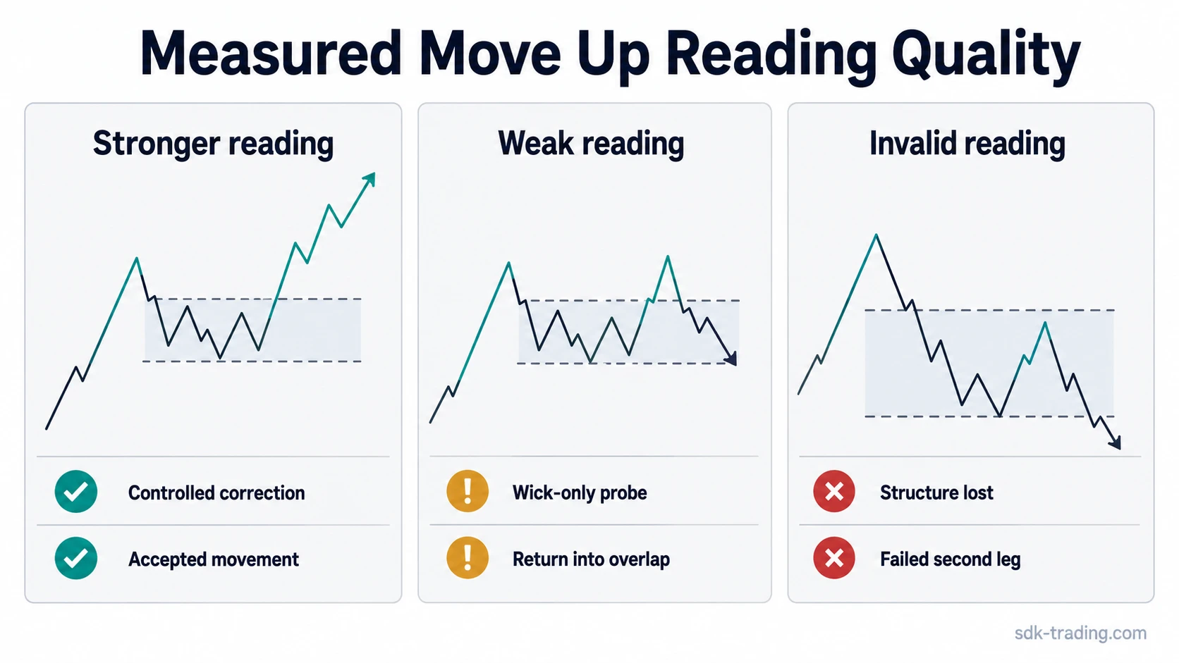 Clean, weak, and invalid measured move up readings compared with simplified price paths