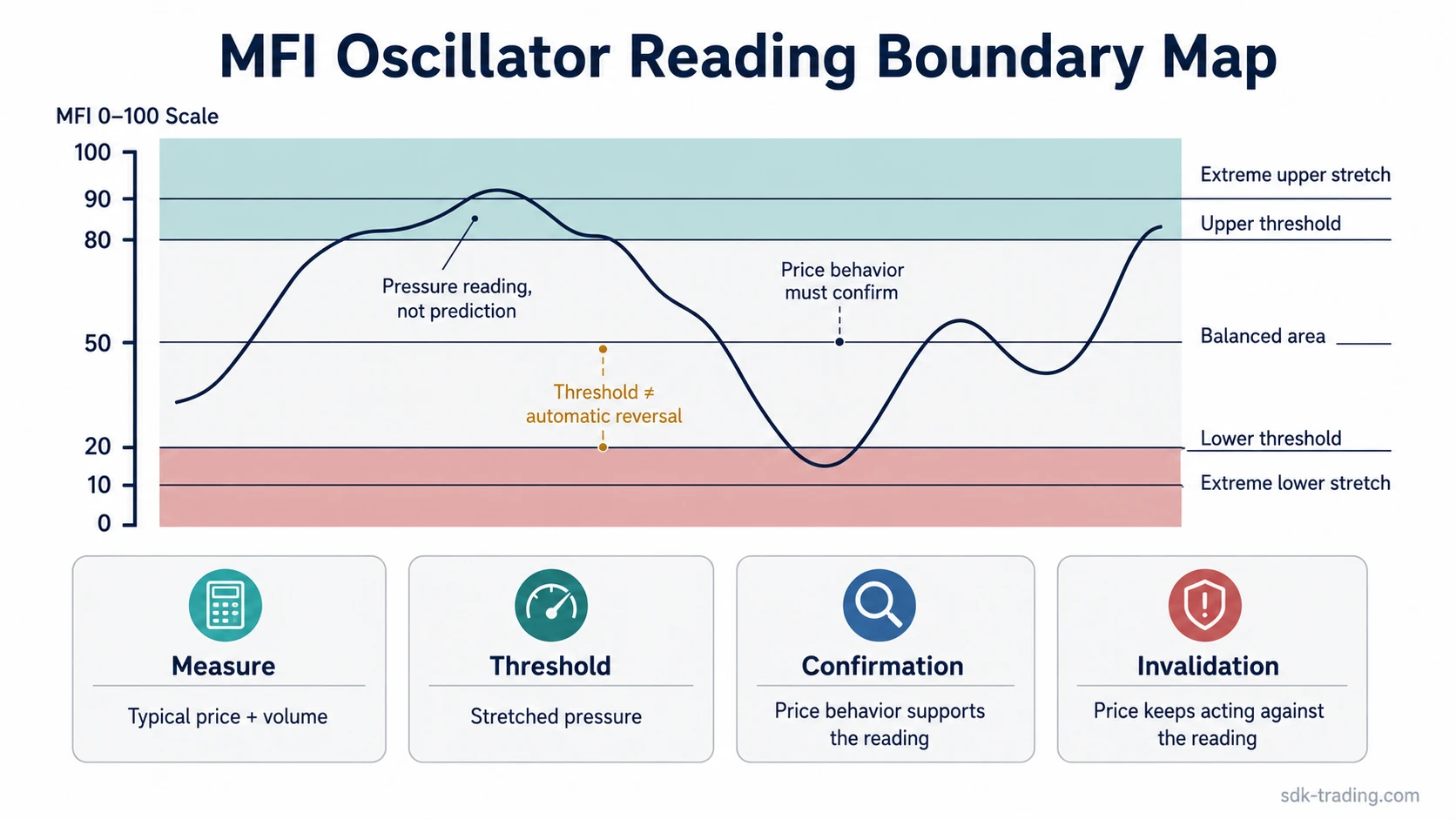 MFI oscillator boundary map showing the 0-100 scale, 80 and 20 thresholds, extreme zones, confirmation, and invalidation layers.
