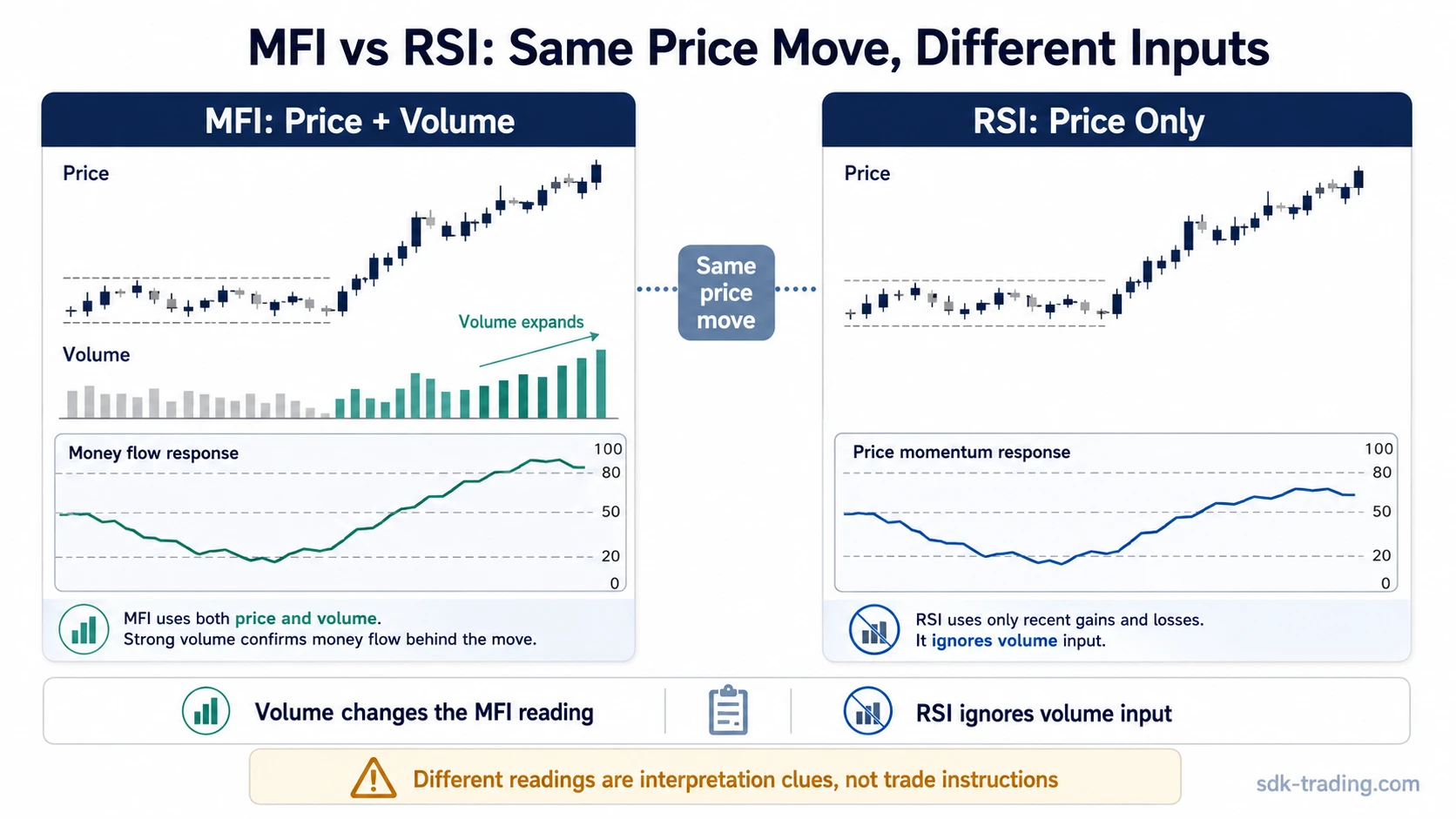 Side-by-side MFI vs RSI comparison using the same price advance, expanding volume, and two oscillator responses