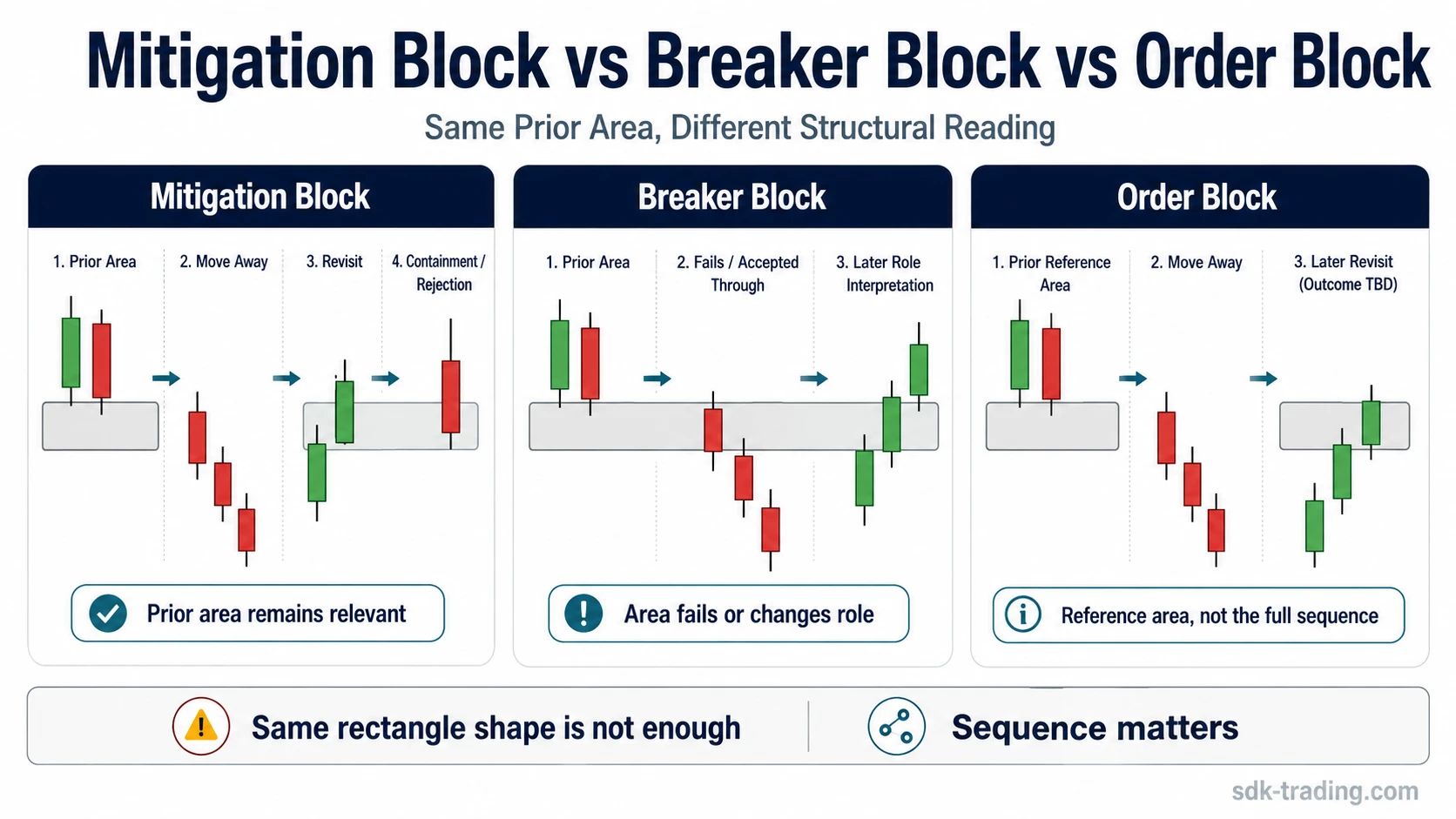 Comparison visual showing mitigation block, breaker block, and order block as different structural readings around a prior area.