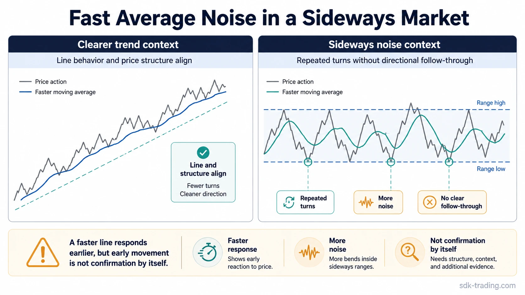Infographic comparing smoother trend alignment with repeated fast moving average turns inside a sideways range