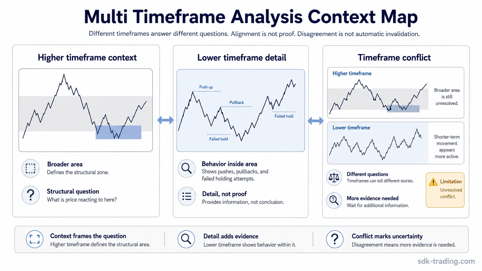Multi timeframe analysis context map showing higher timeframe context, lower timeframe detail, and timeframe conflict