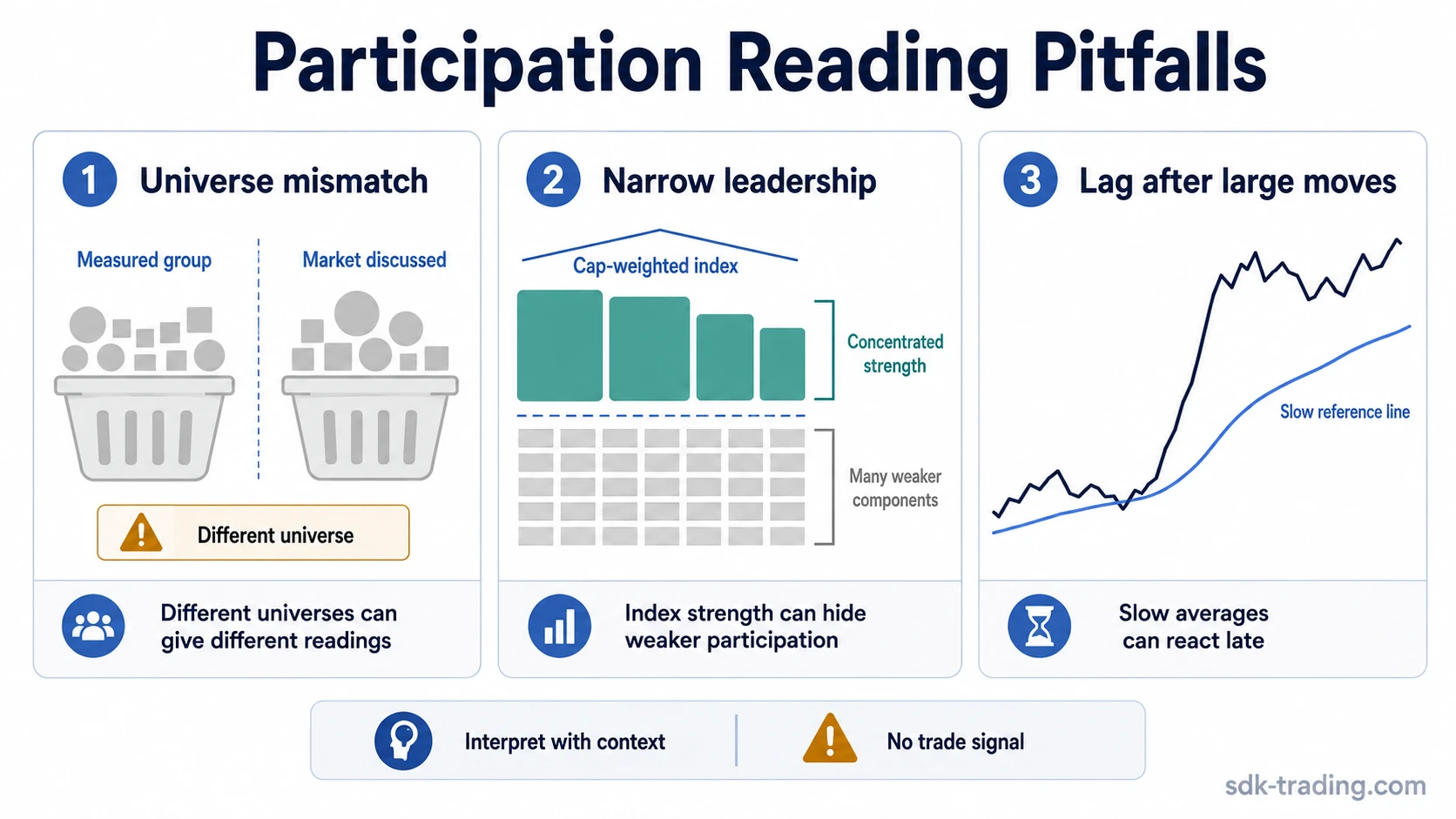 Participation reading pitfalls for percent of stocks above 200-day moving average, including universe mismatch, narrow leadership, and lag