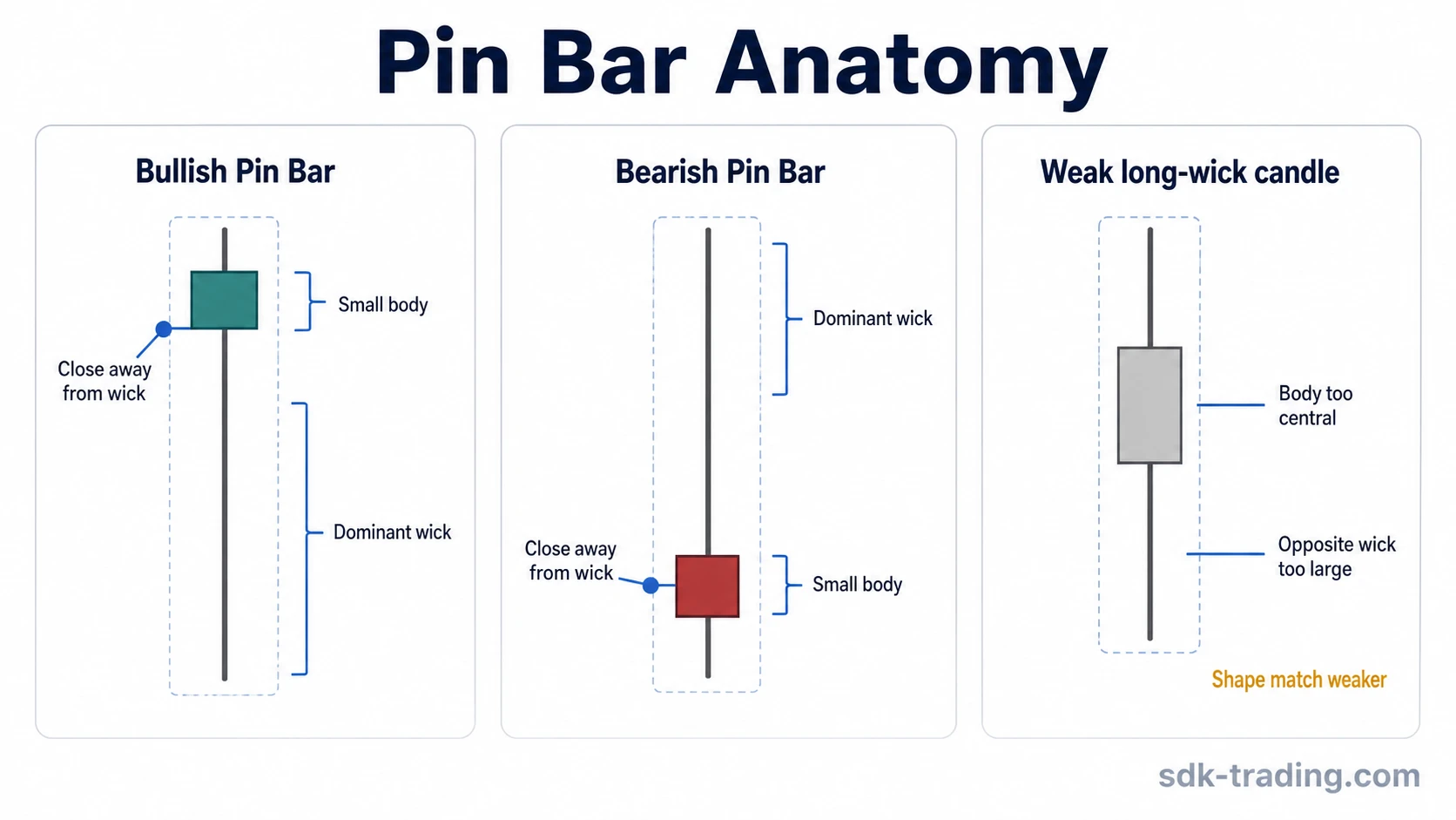 Pin Bar candlestick anatomy showing dominant wick, small body, and close away from the wick extreme