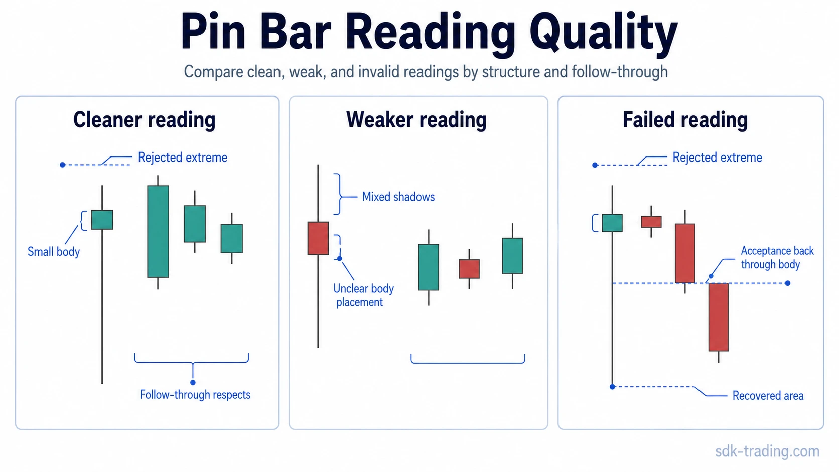 Pin Bar clean weak and invalid readings showing wick dominance, mixed shadows, and failed acceptance