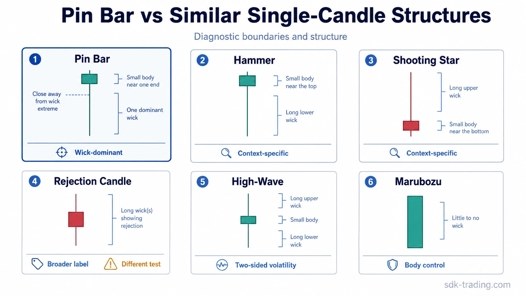 Pin Bar compared with hammer, shooting star, rejection candle, high-wave candle, and Marubozu