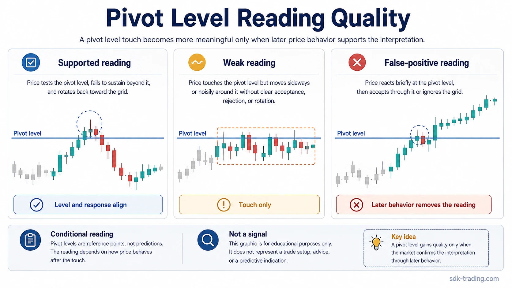 Supported, weak, and false-positive pivot level readings compared around a calculated level