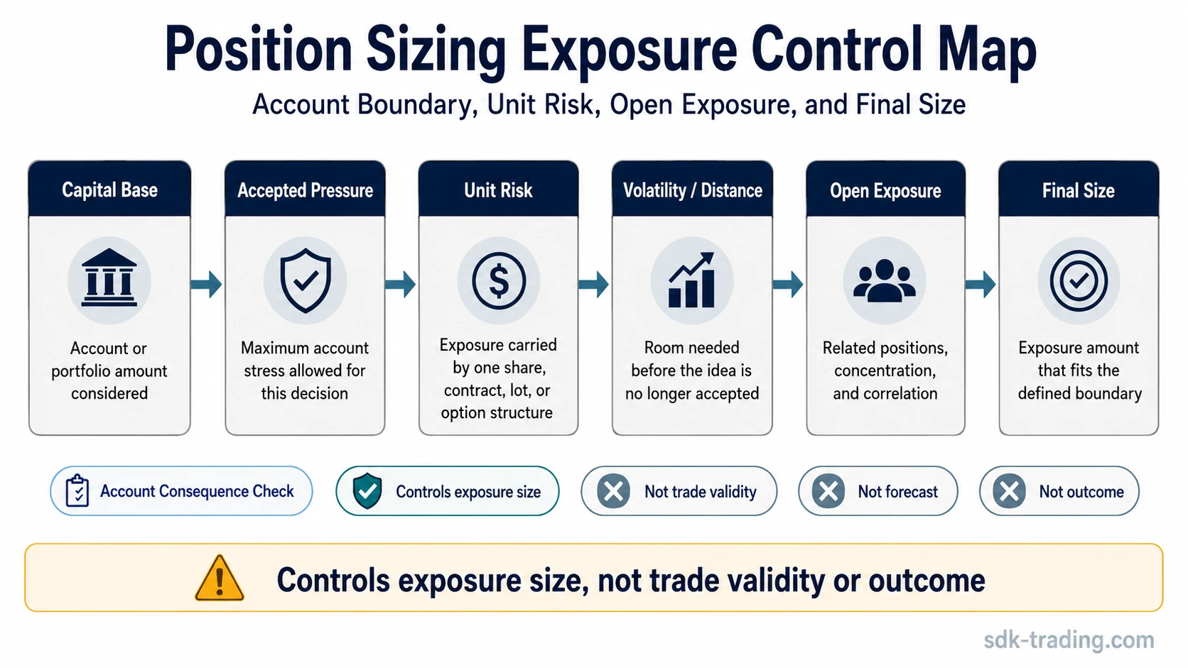 Position sizing exposure control map showing capital base, accepted account pressure, unit risk, volatility or distance, open exposure, and final size.