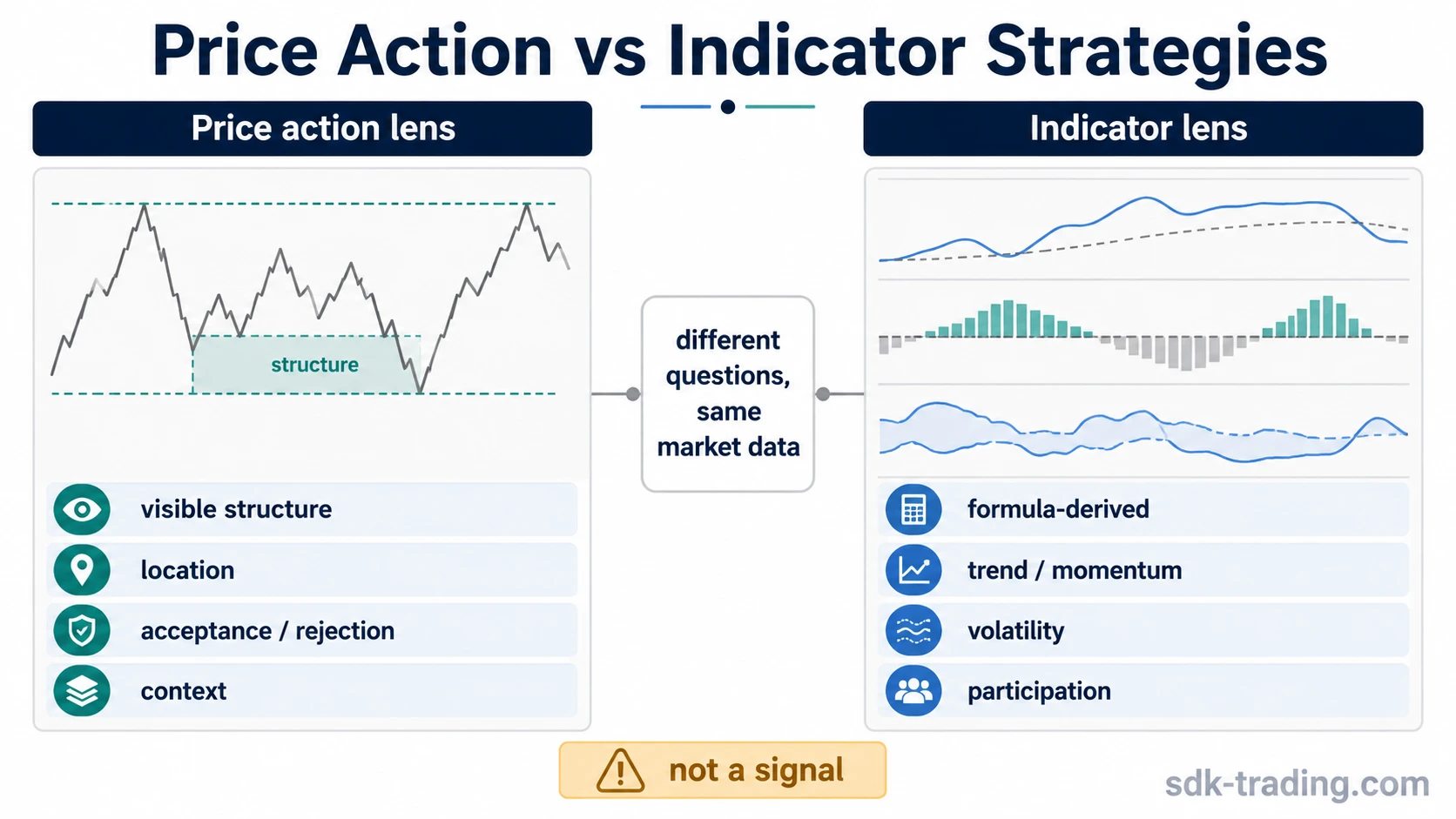 Price action vs indicator strategies comparison showing structure and location beside formula-derived trend, momentum, volatility, and participation checks.