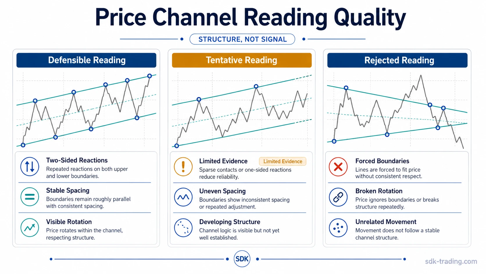 Three price channel examples comparing defensible, tentative, and rejected boundary readings