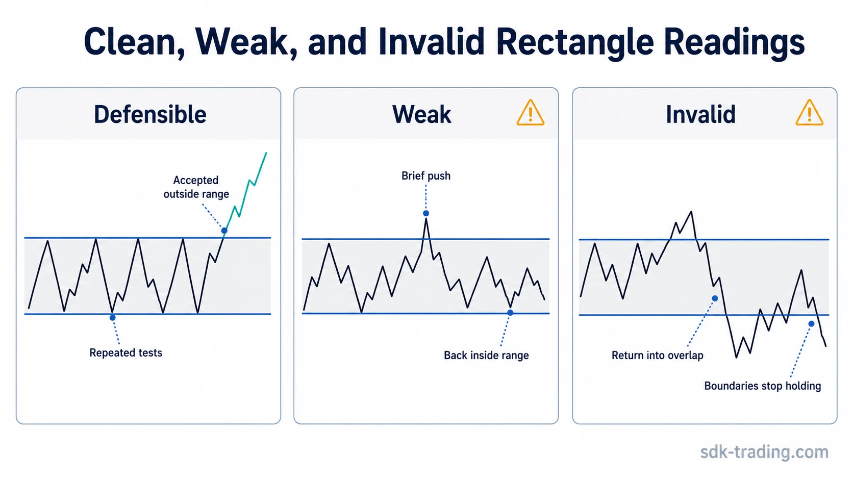 Clean weak and invalid rectangle trading pattern readings comparing accepted movement, wick-only breach, and return into overlap