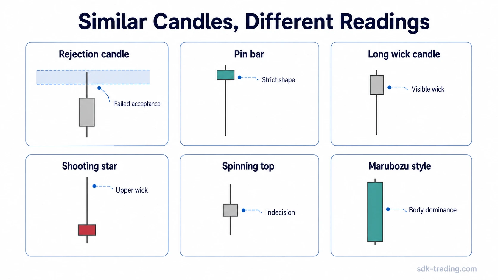 Comparison diagram showing rejection candle, pin bar, long wick candle, shooting star, spinning top, and marubozu-style candle