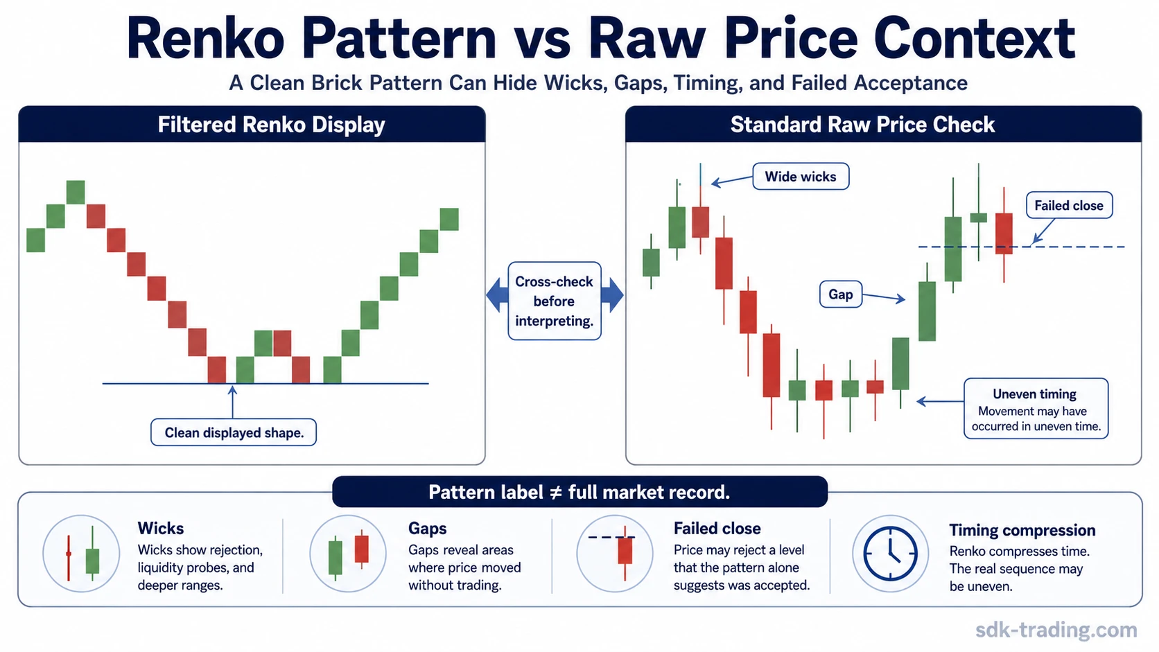 Renko pattern compared with standard raw price candles showing how wicks, gaps, failed closes, and uneven timing can be hidden by filtered bricks.