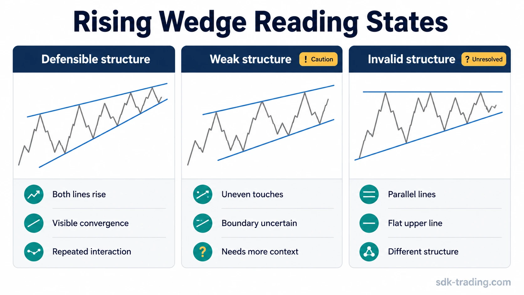 Three-panel rising wedge classification diagram comparing defensible structure, weak structure, and invalid structure.